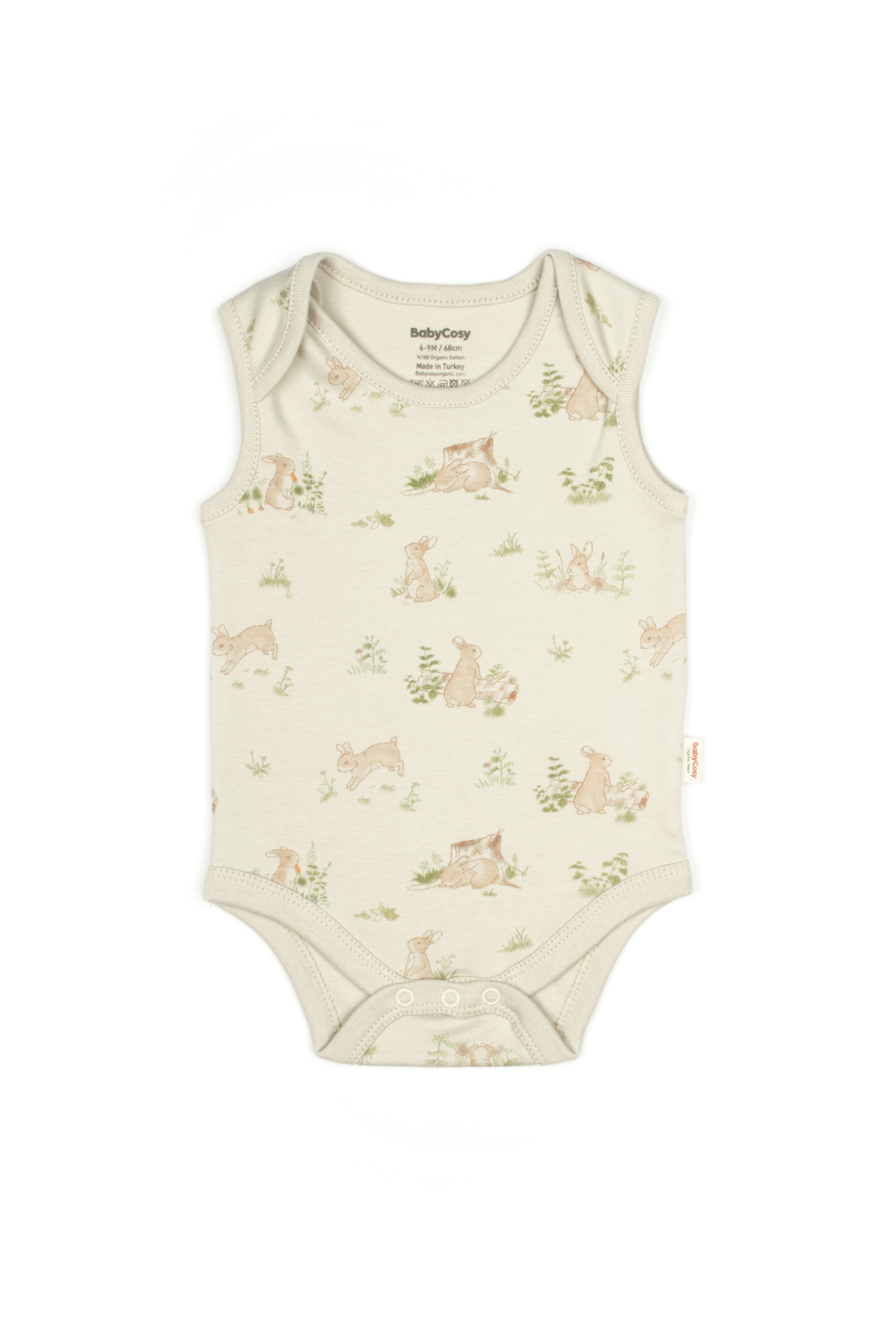 Organic cotton sleeveless bodysuit with cute bunny design, breathable newborn clothing for warm days