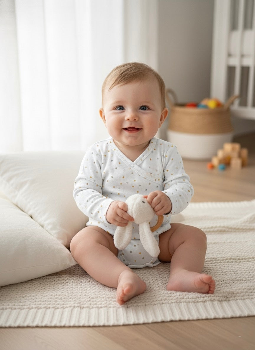 Cream long sleeve organic cotton wrap bodysuit for babies