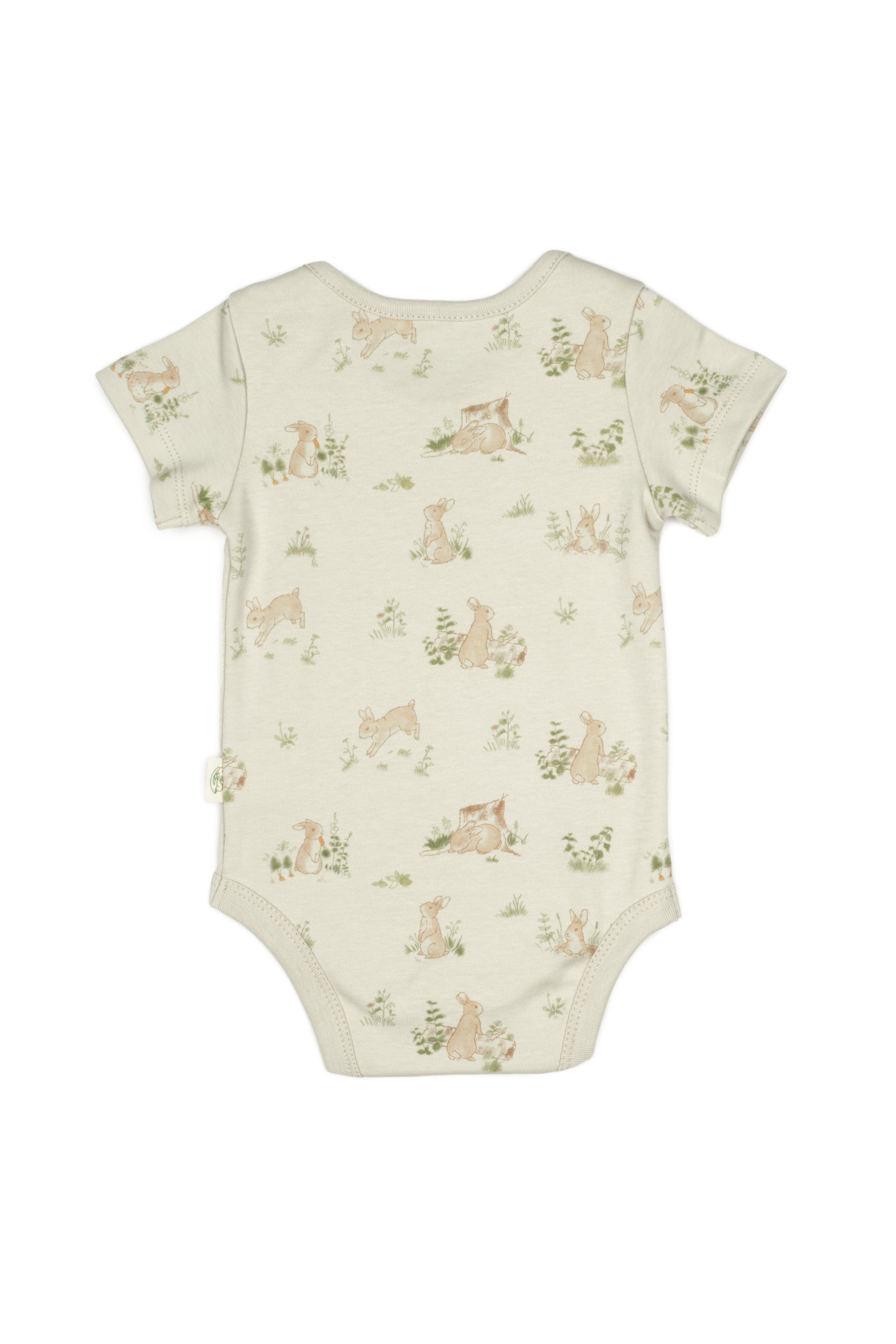 Organic cotton short sleeve bodysuit with cute bunny design, unisex newborn clothing essential