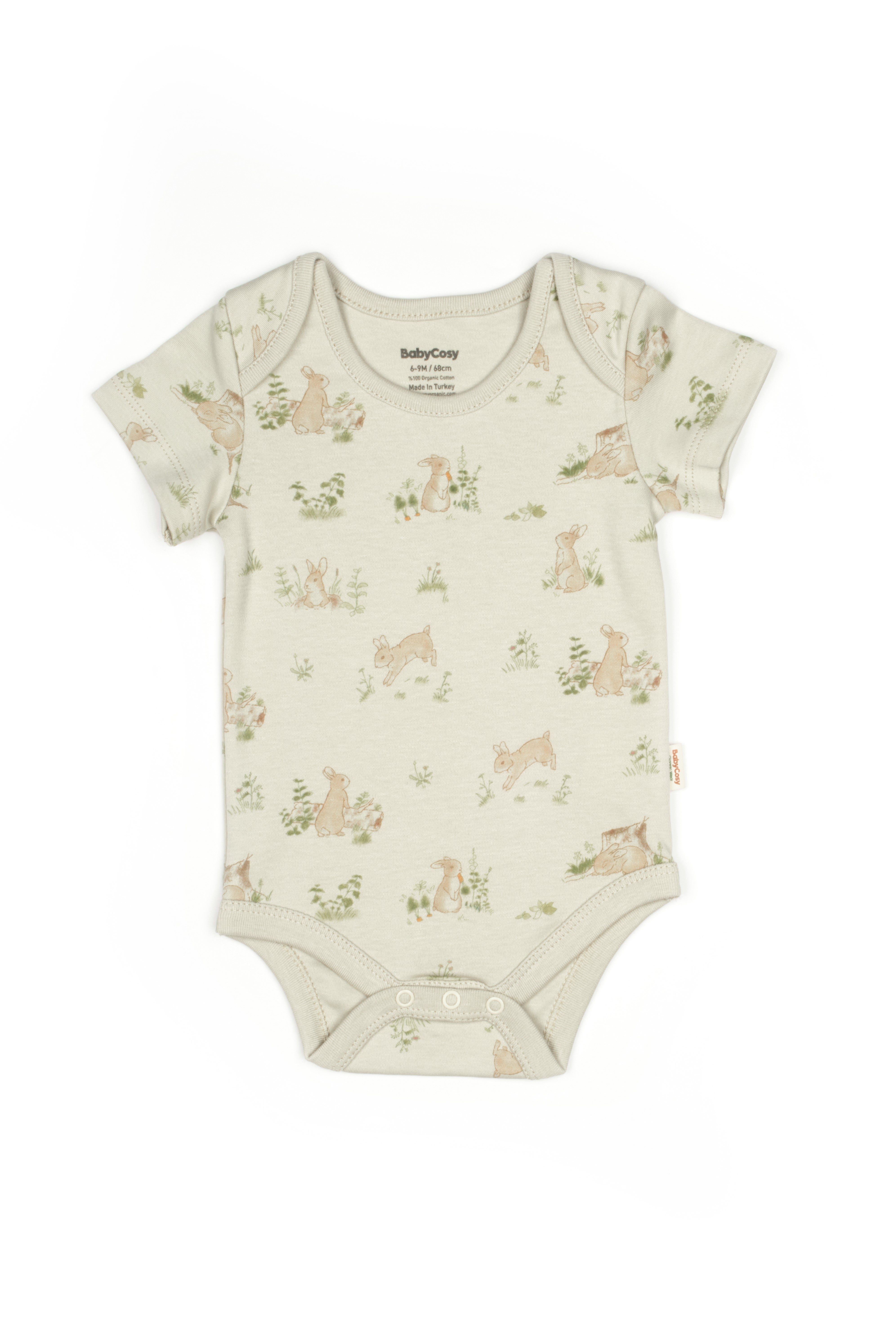 Bunny print short sleeve baby bodysuit made from 100% organic cotton, soft infant outfit