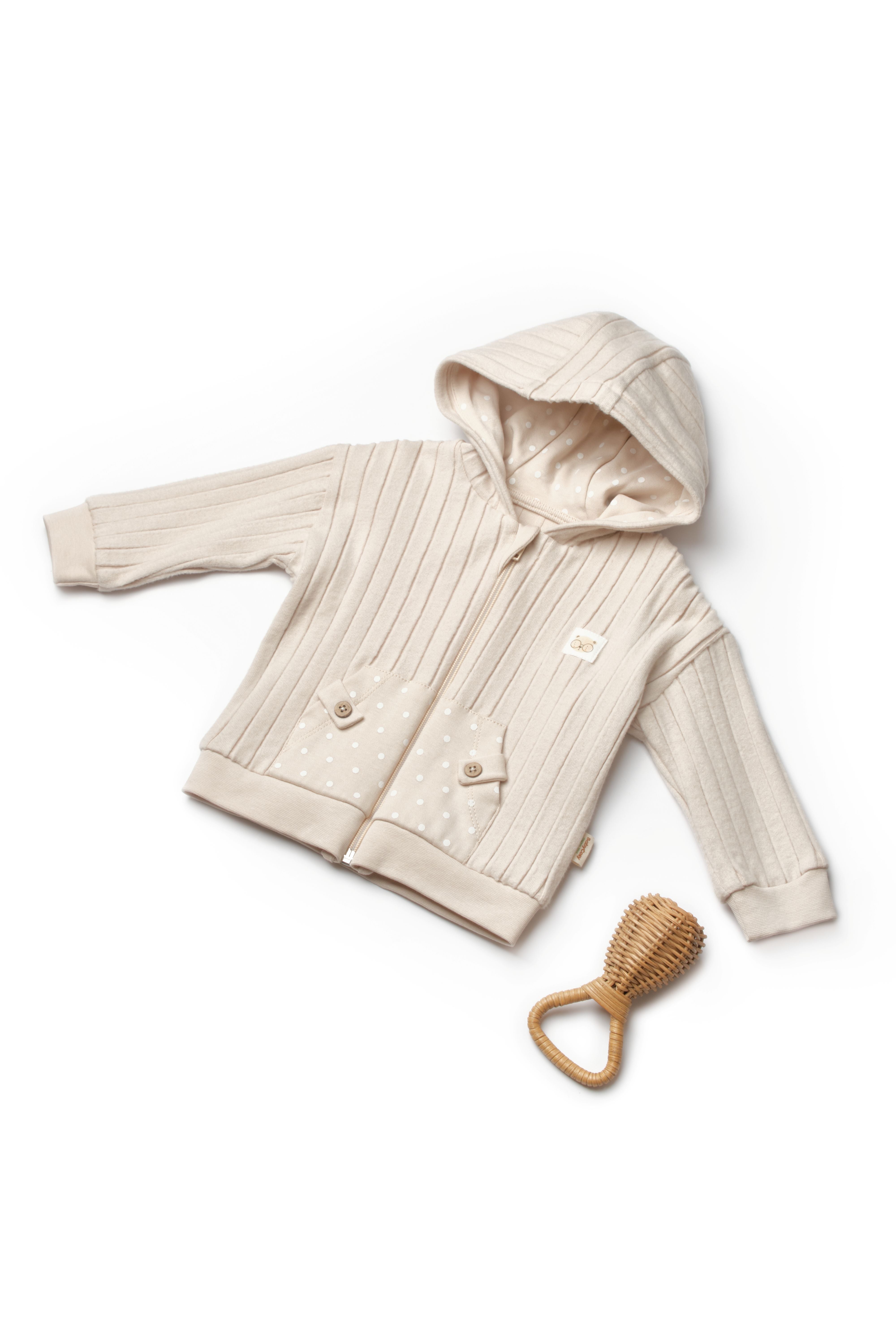 Beige organic ribbed baby jacket with hood and polka dot pockets