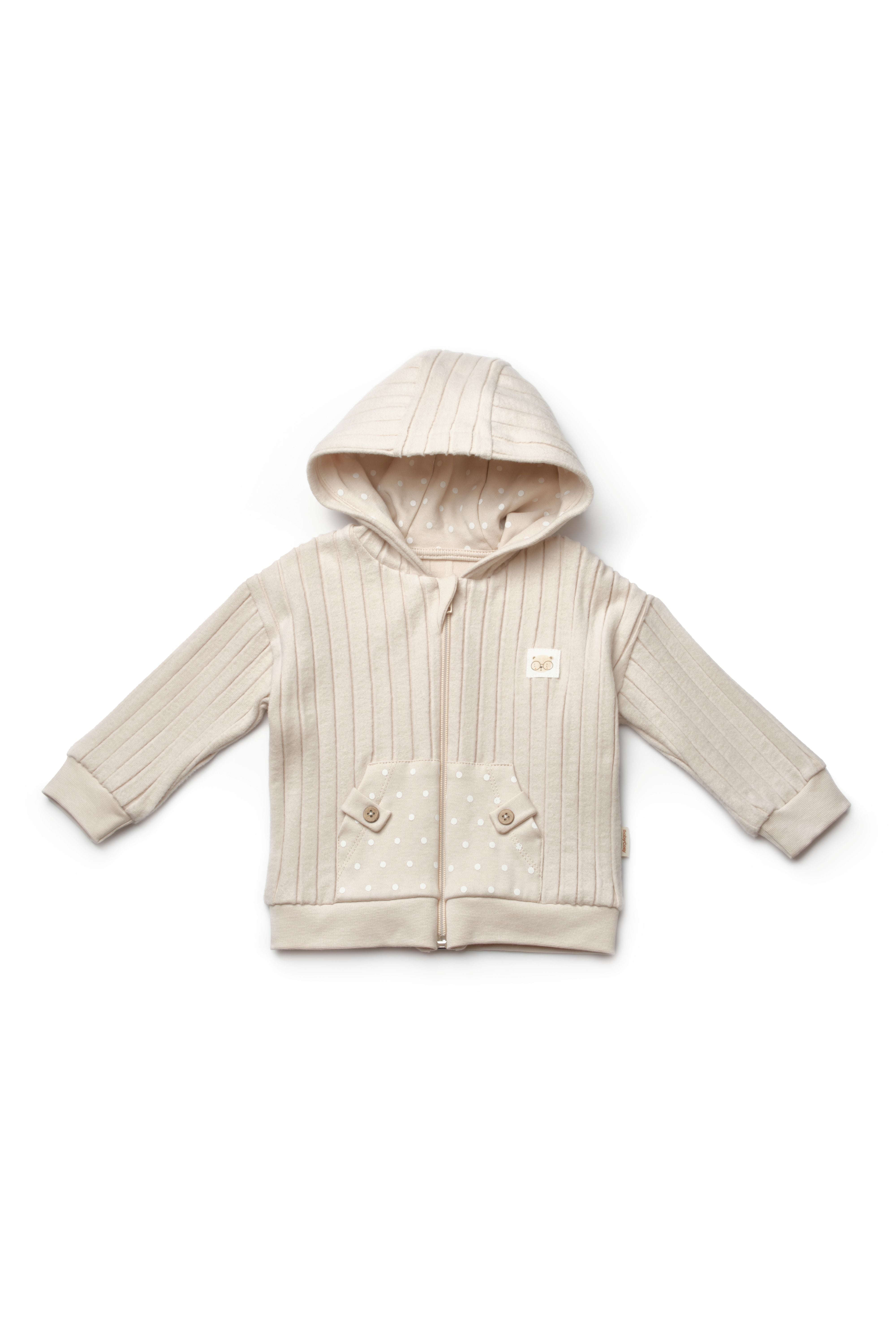 Soft organic baby jacket with hood and buttoned pockets