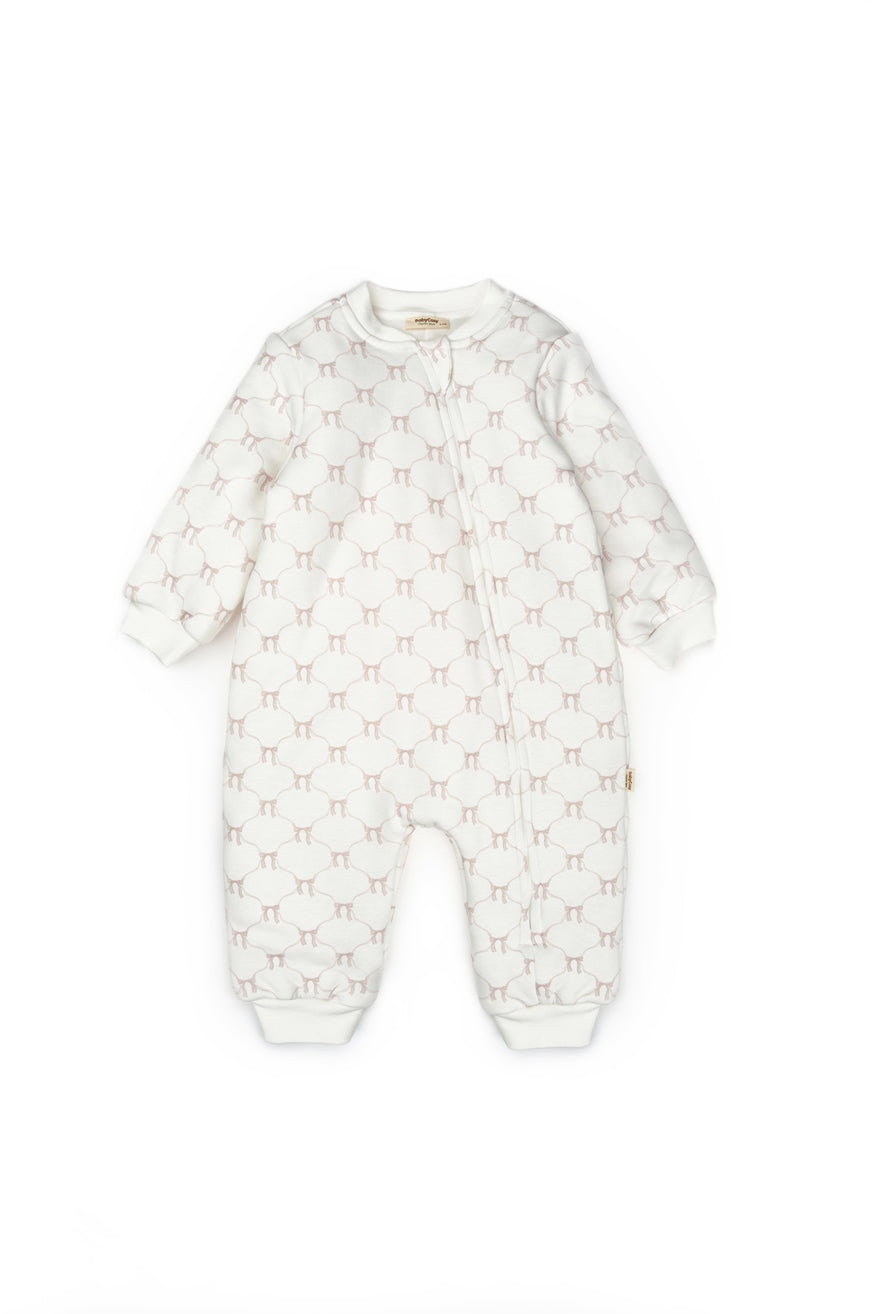 Soft neutral baby one-piece with bow print