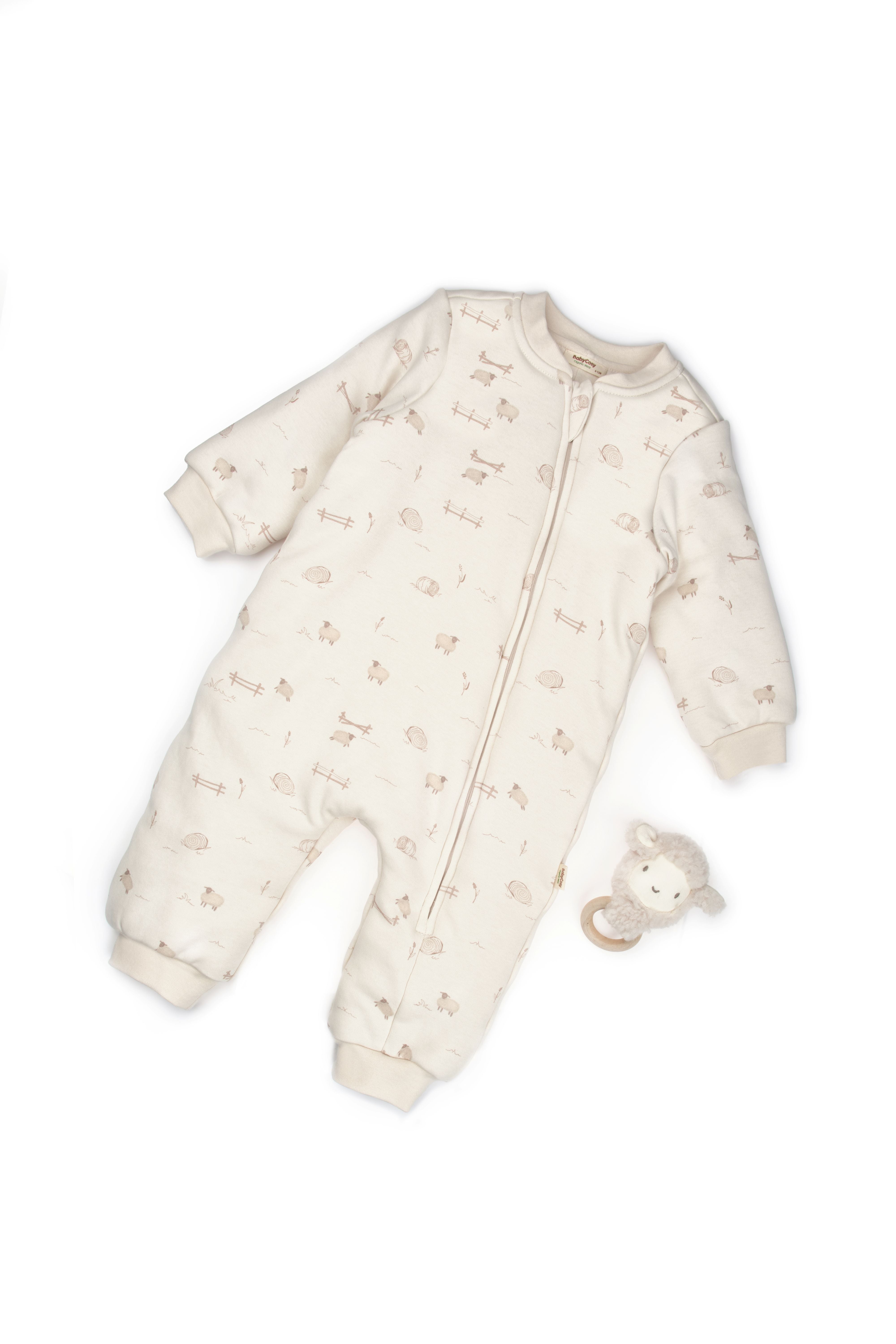 Beige lamb patterned baby romper with zipper