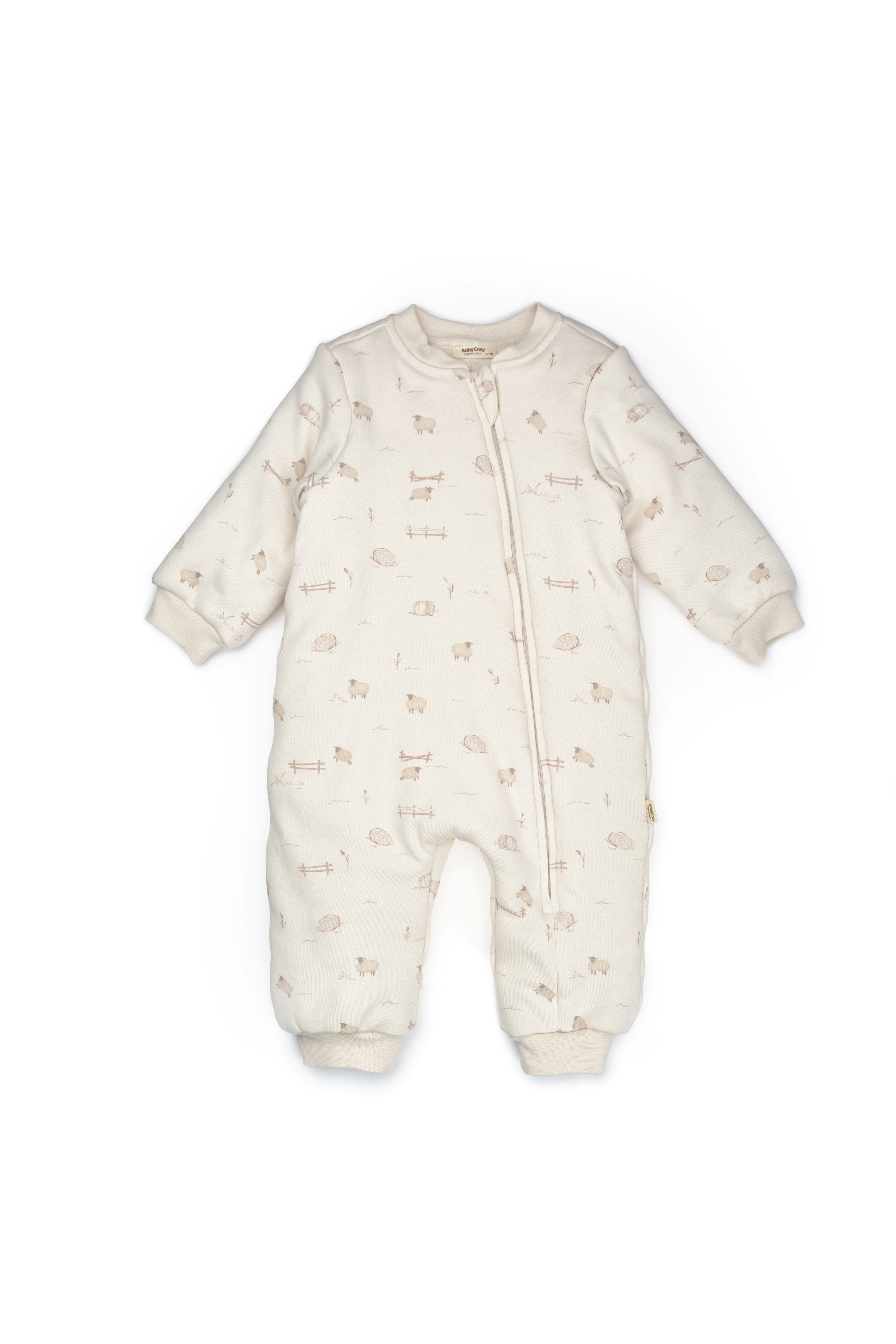 Soft baby one-piece with lamb design and long sleeves