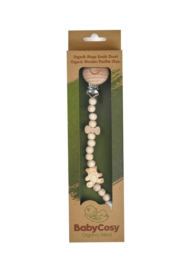 Organic wooden pacifier clip with teddy design in box