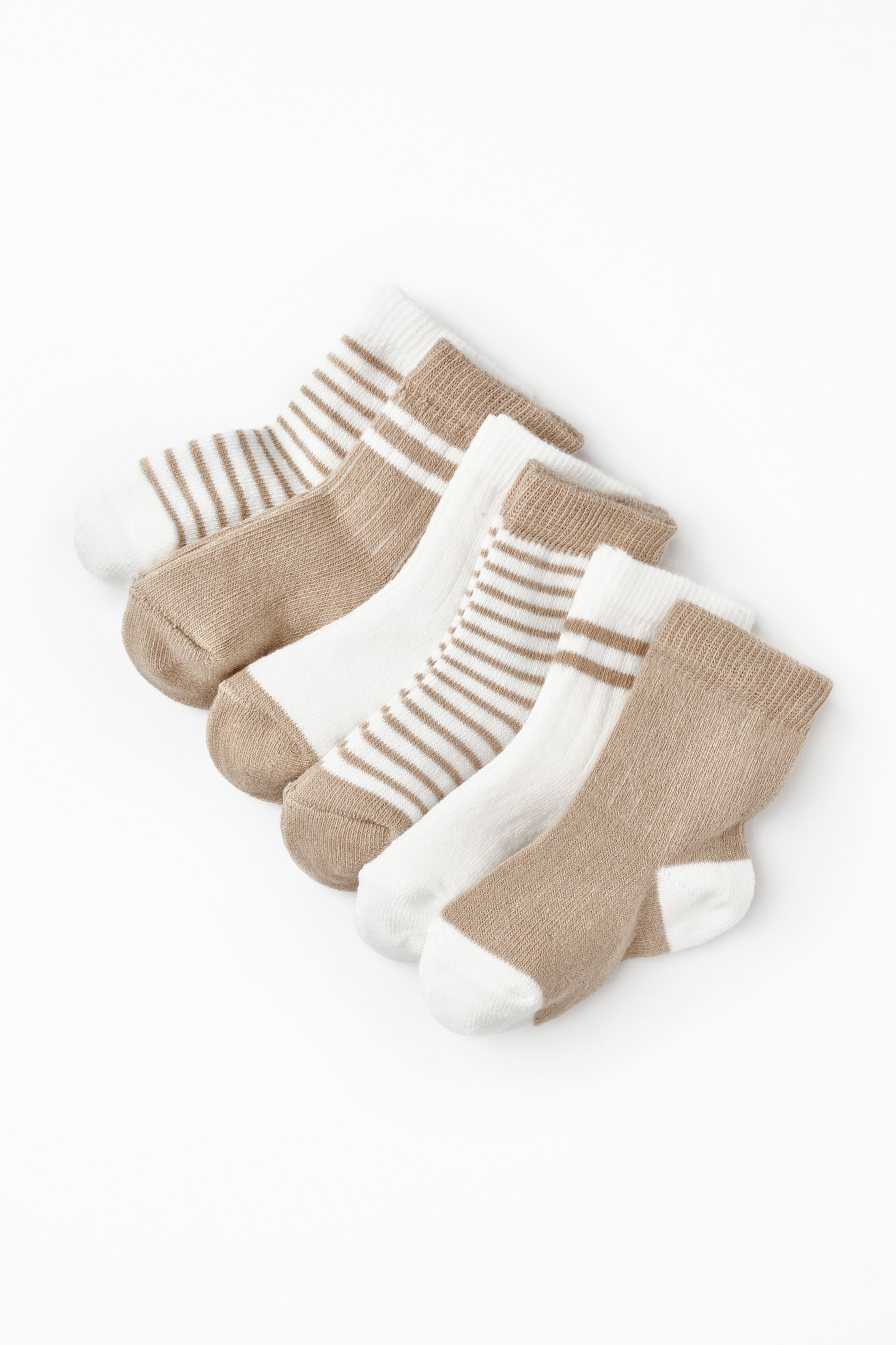 Six-pair baby socks in beige and white stripes