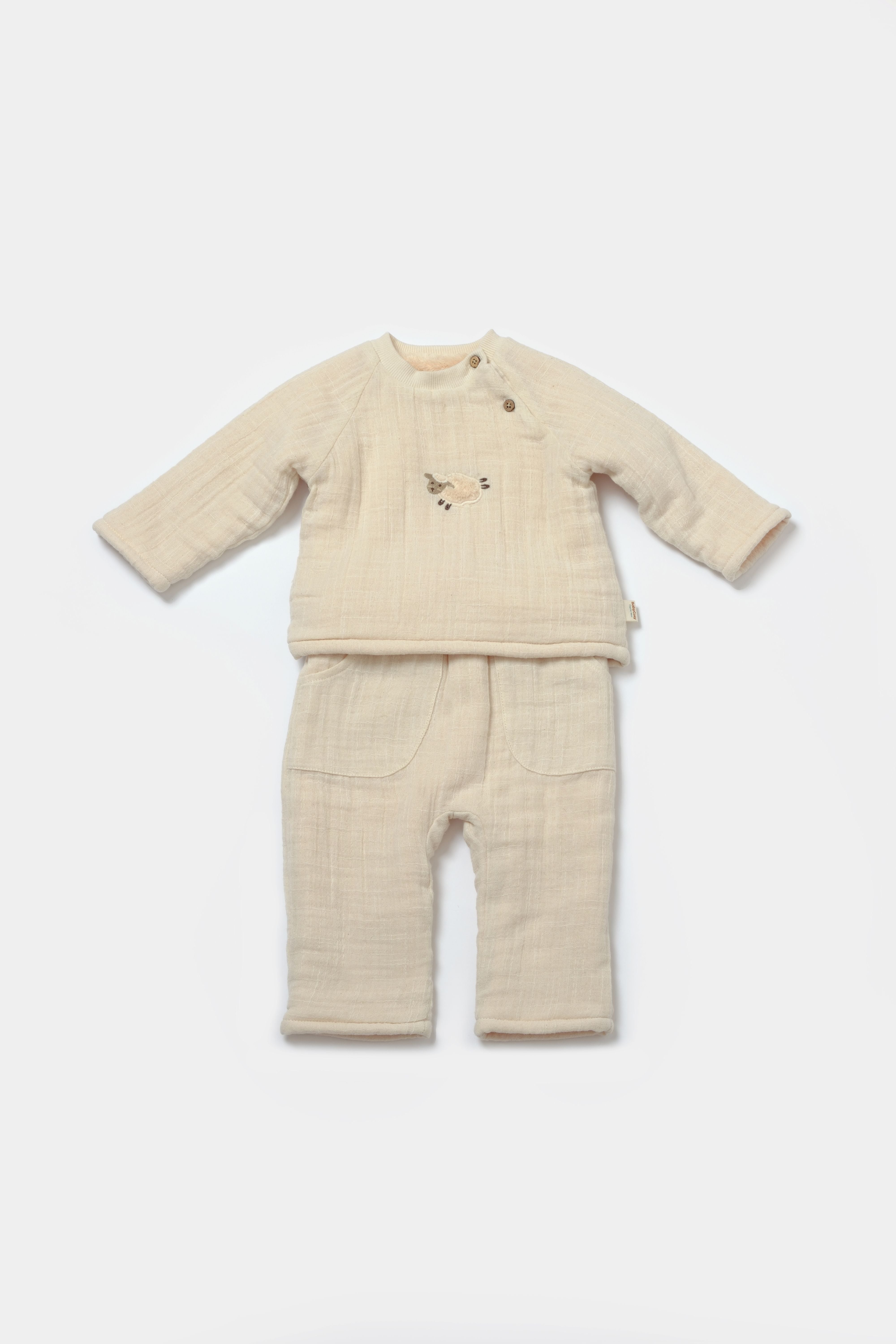 2-piece cream muslin baby clothing set with lamb embroidery