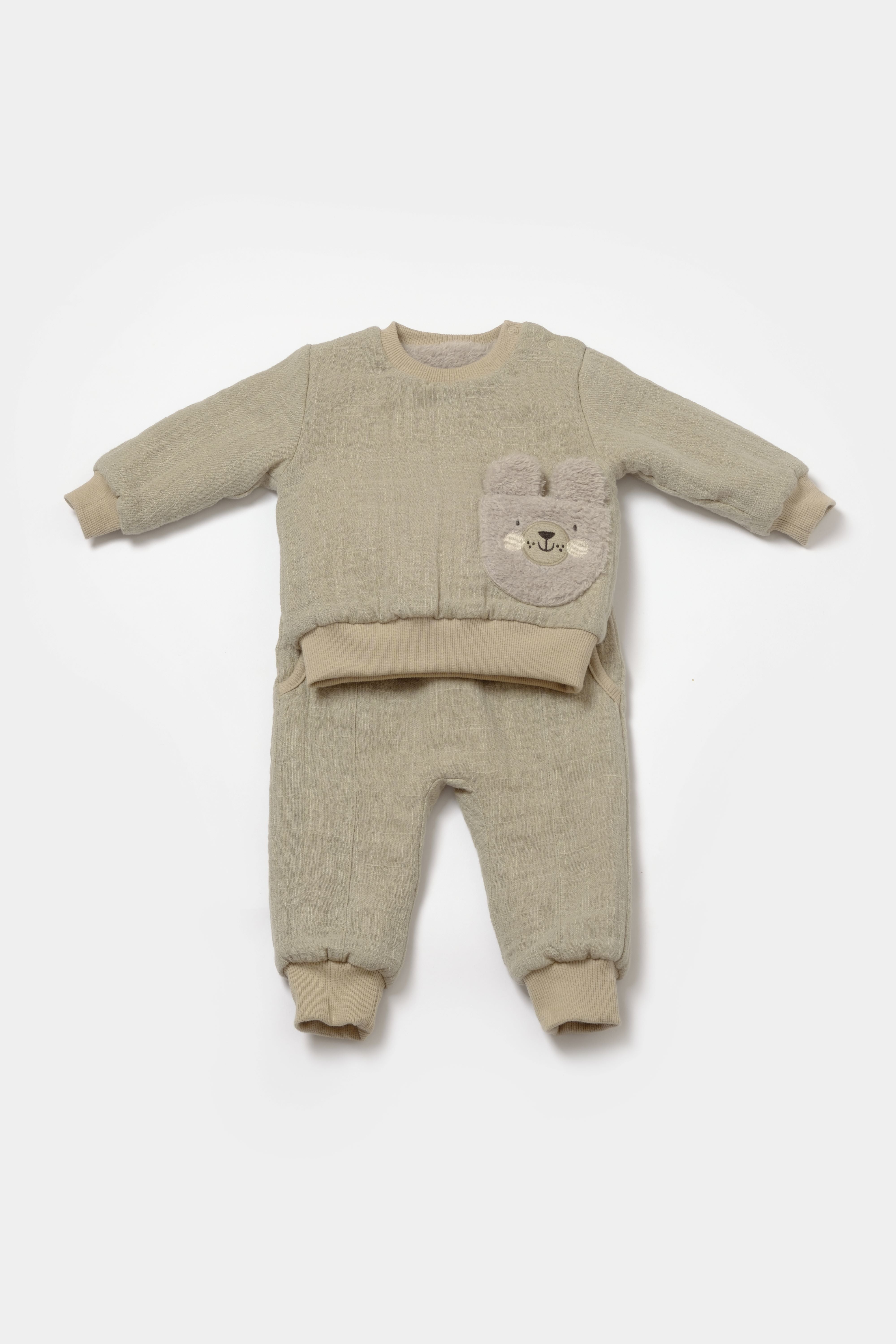 Soft muslin green sherpa baby outfit, 2 piece clothing set for infants and toddlers.