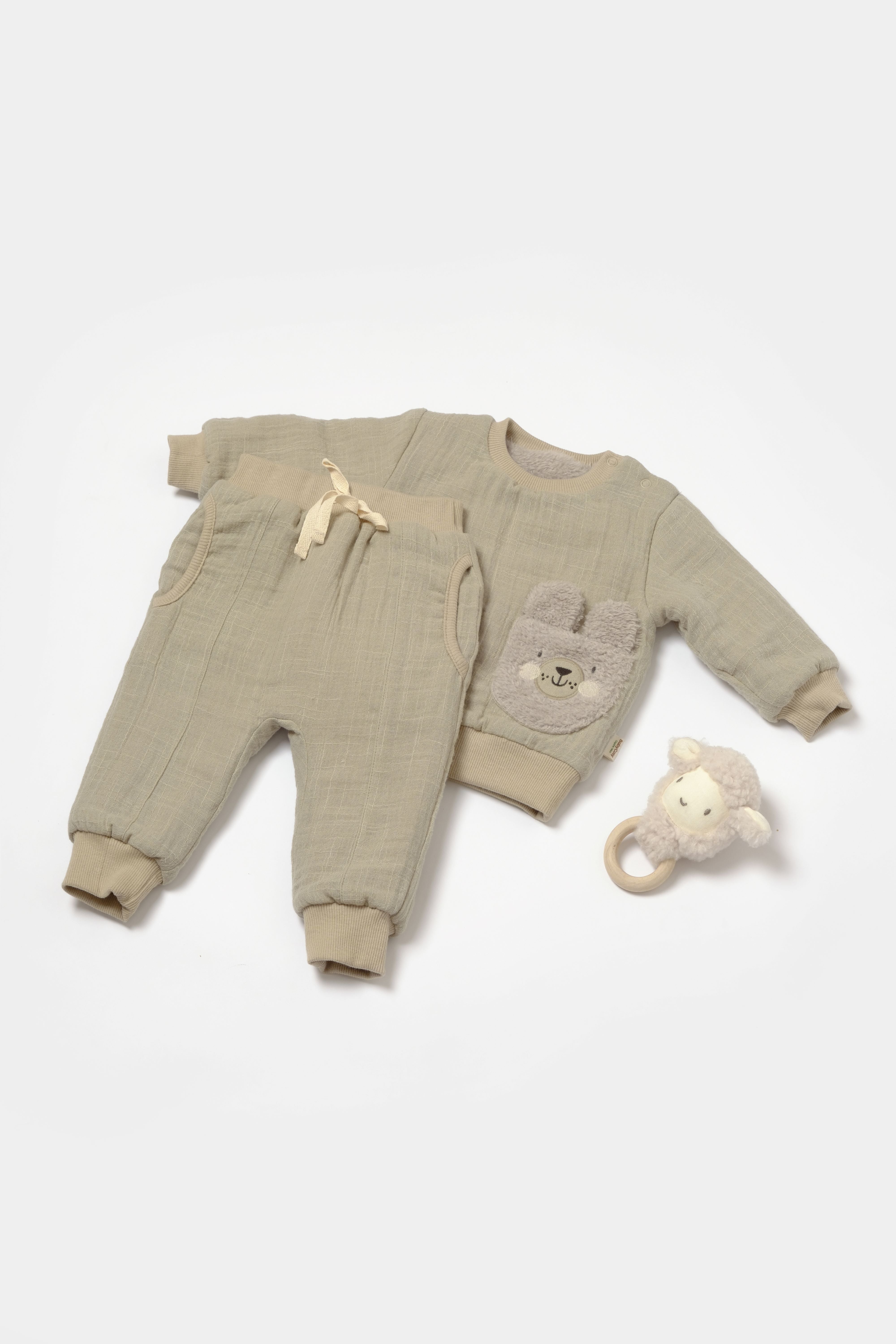 Muslin green sherpa 2 piece baby set with pants and top for newborn comfort.