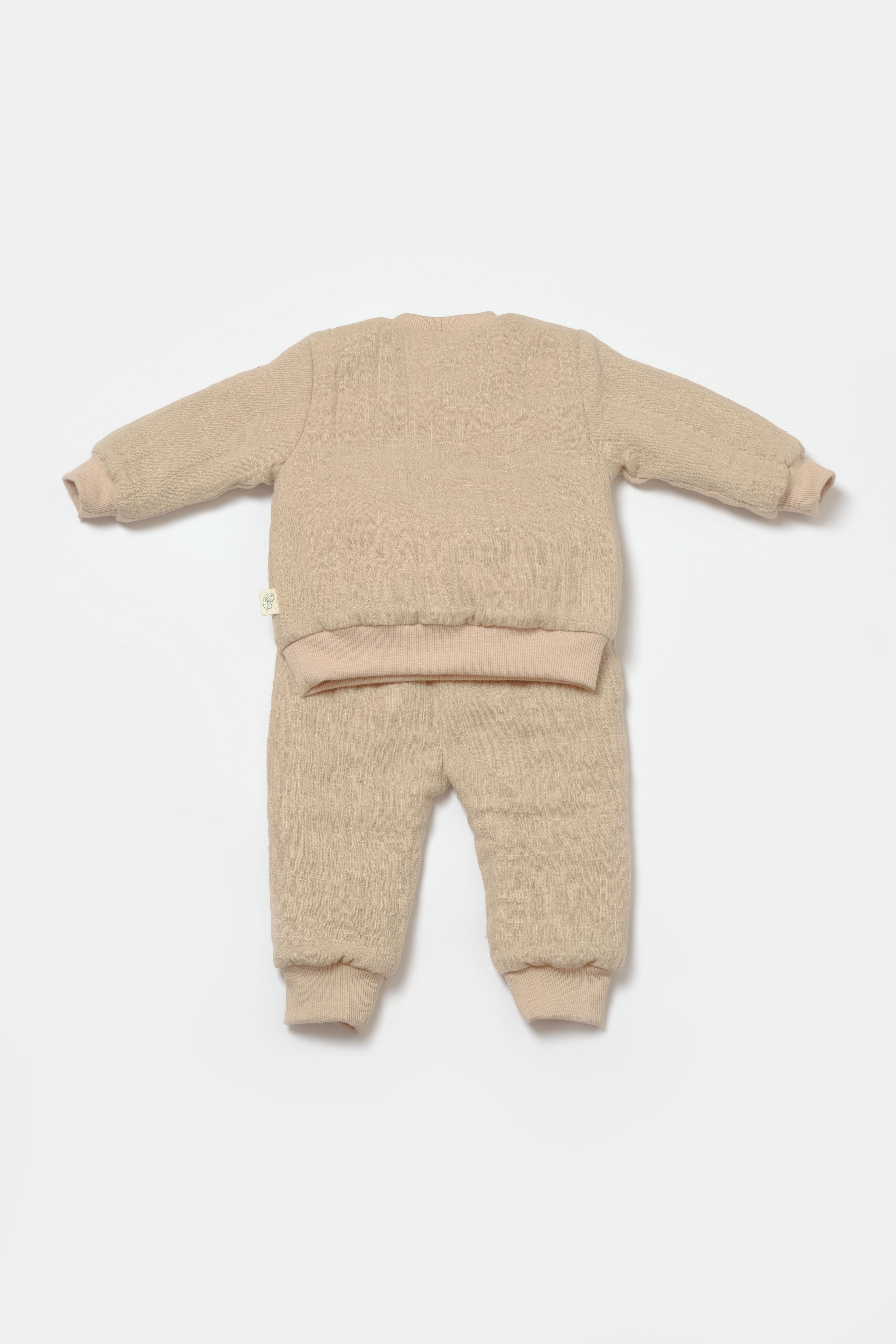 Apricot muslin sherpa two piece baby set, breathable cotton clothing for toddlers and newborns.