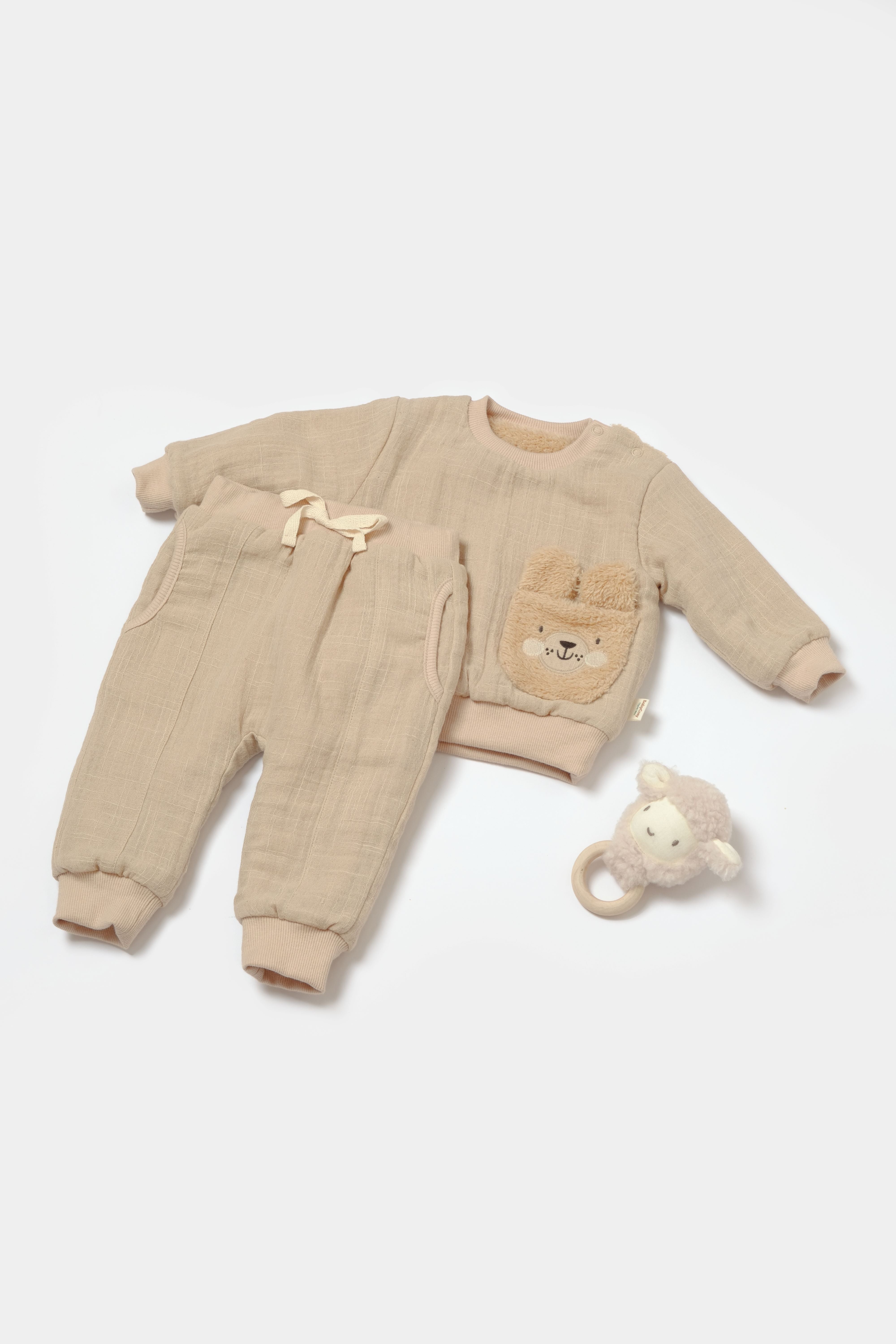Muslin apricot sherpa 2 piece baby set, soft cotton outfit for newborn comfort.