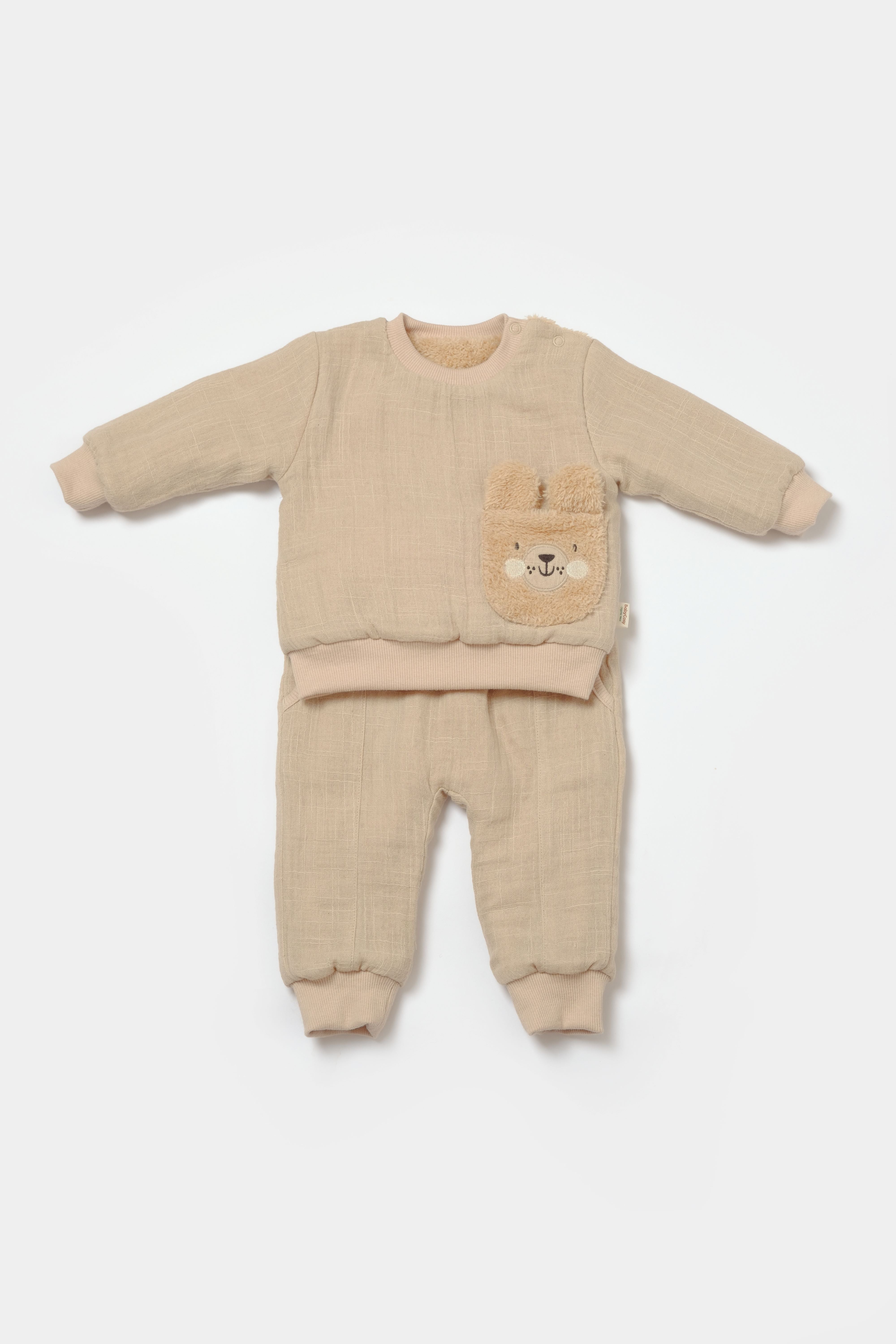 Unisex muslin apricot sherpa baby clothing set, cozy two piece outfit for infants