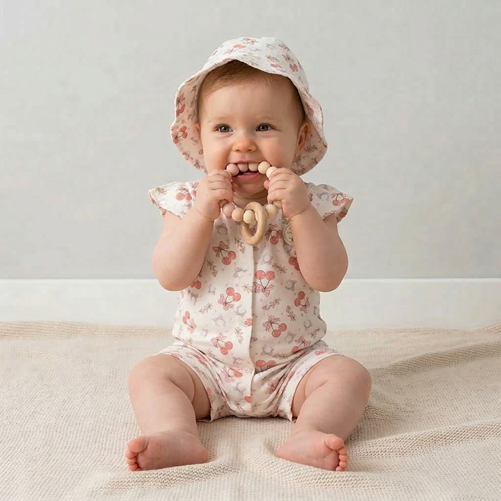 Cherry Print Baby Romper & Hat Set