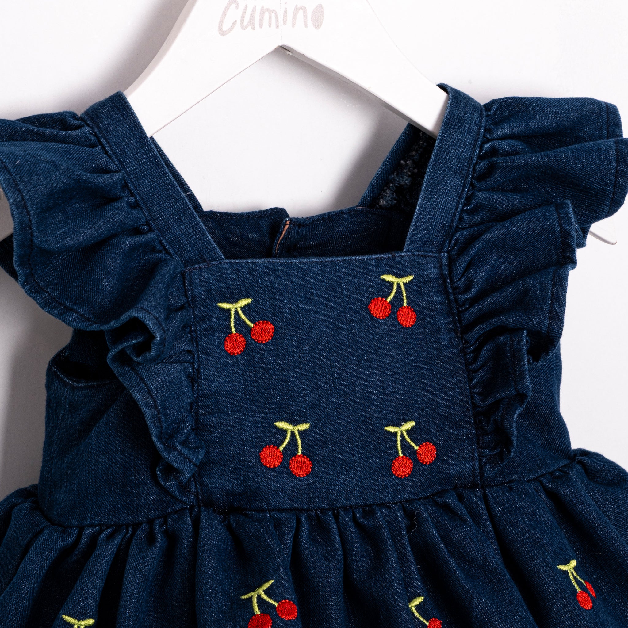 Cute baby girl denim outfit with cherry details