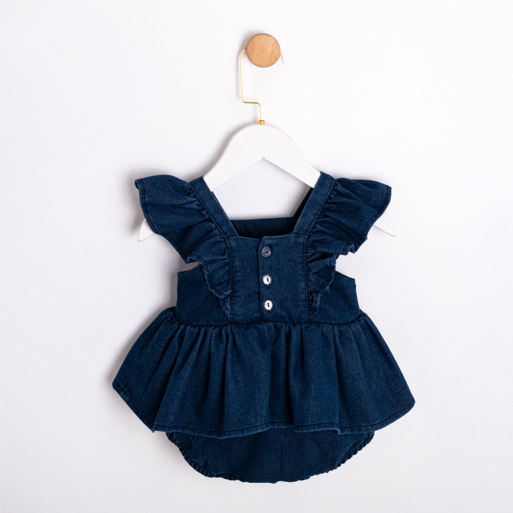 Blue denim baby romper dress with embroidered cherries