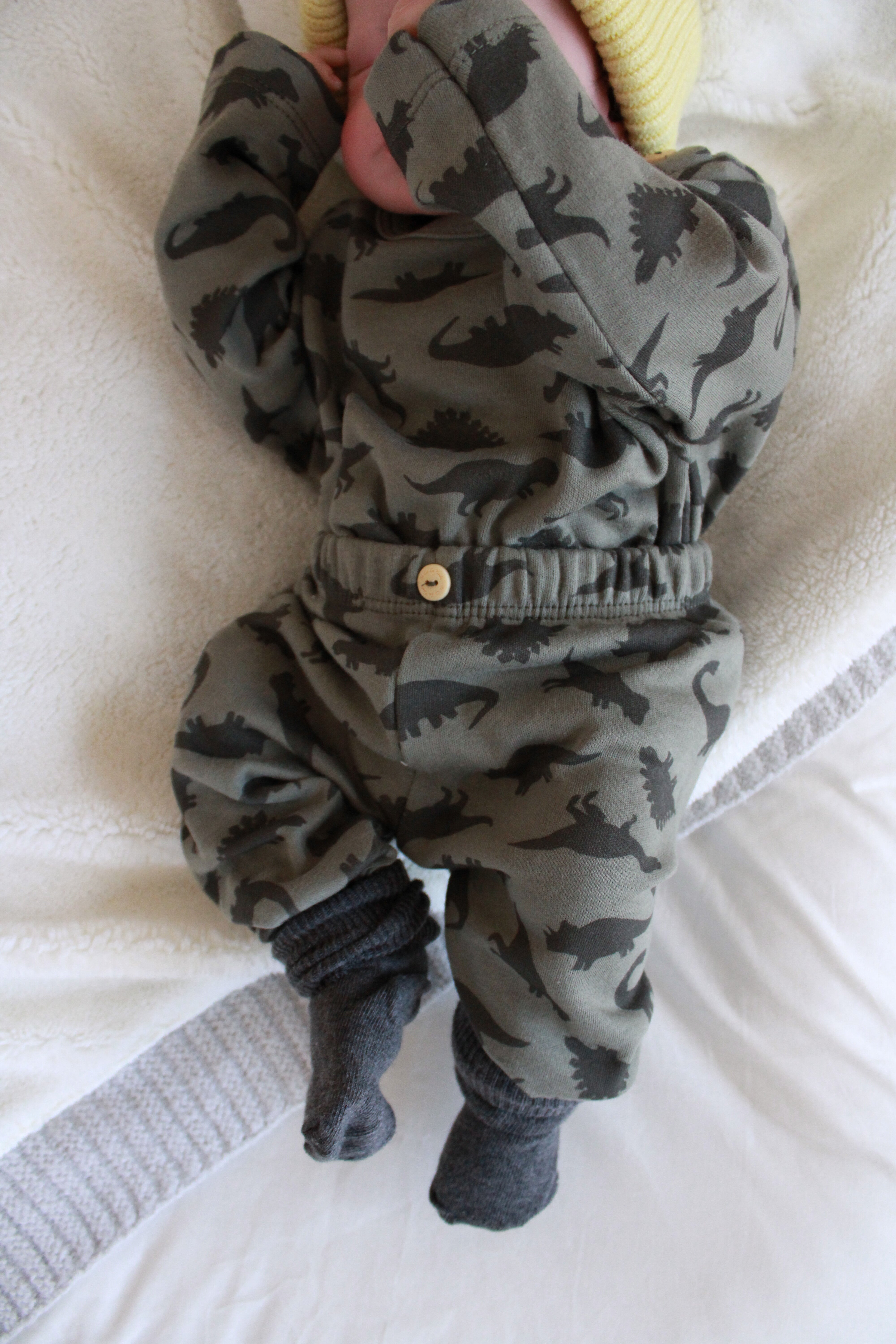 Two-piece baby outfit with dinosaur print sweatshirt and matching pants.
