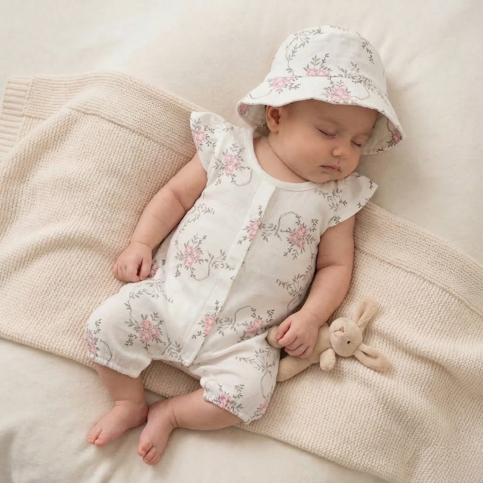 Floral Print Baby Romper & Hat Set