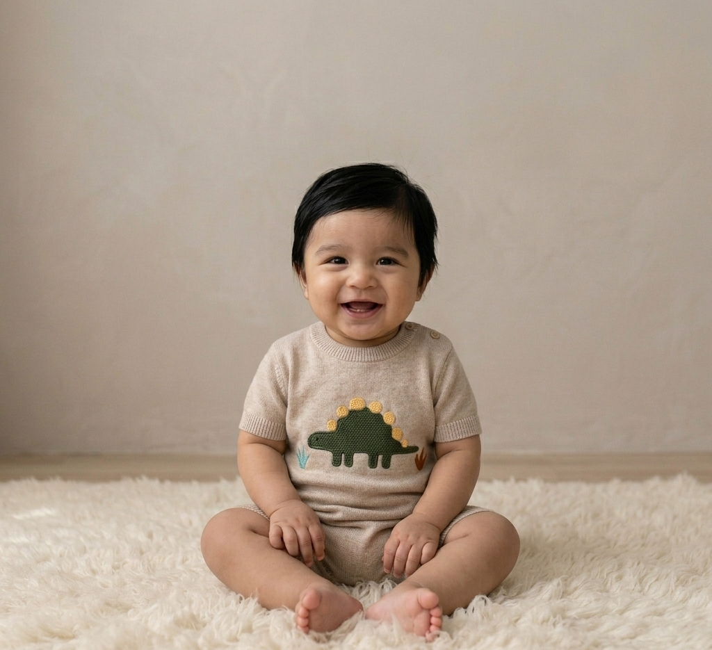 neutral baby romper with dinosaur applique