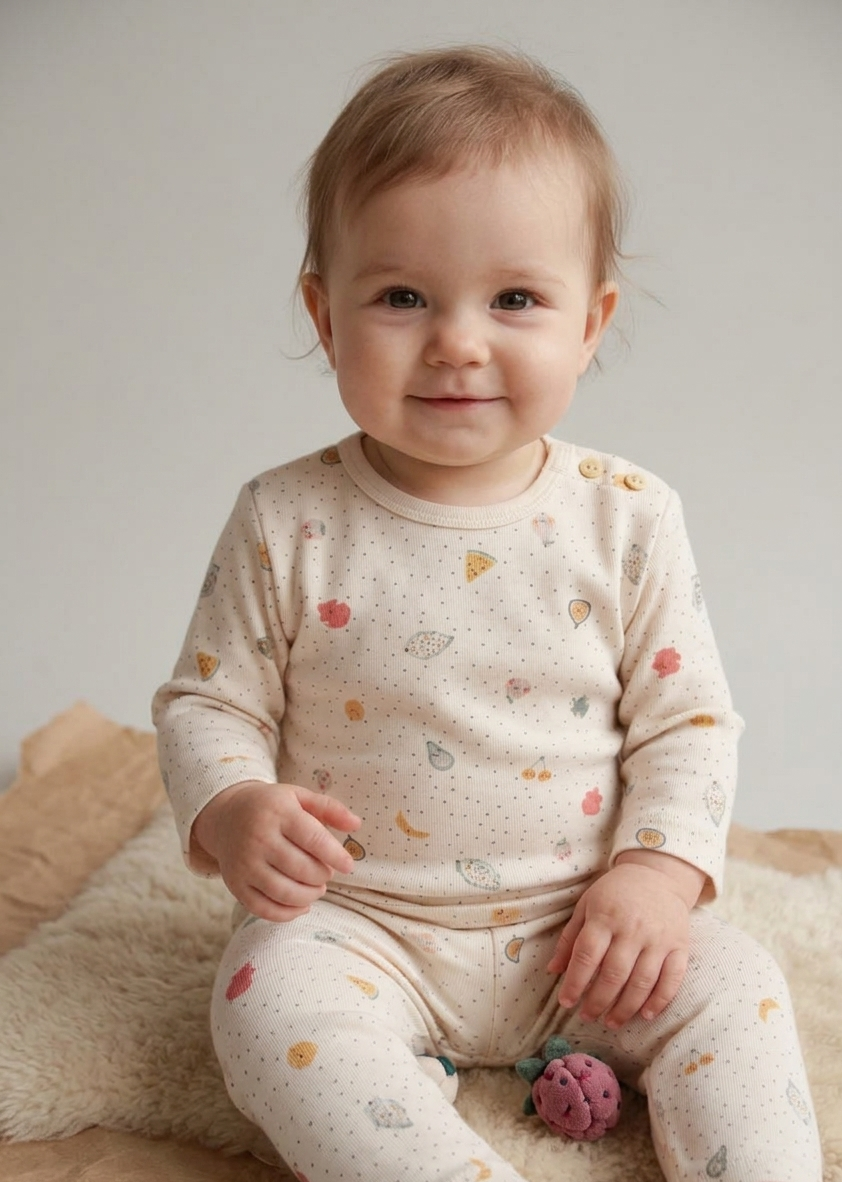 Soft baby outfit with fruit print