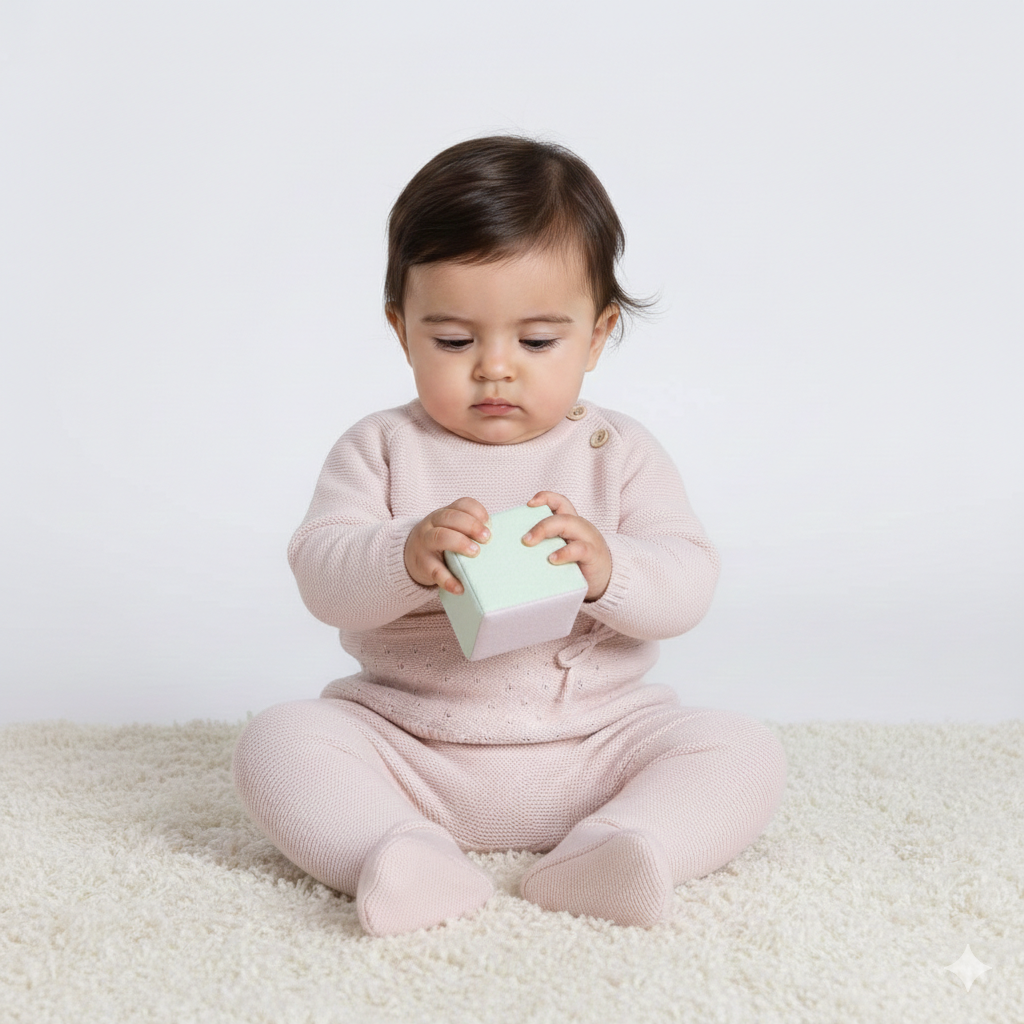 Baby in pink outfit holding a light green block on a white background