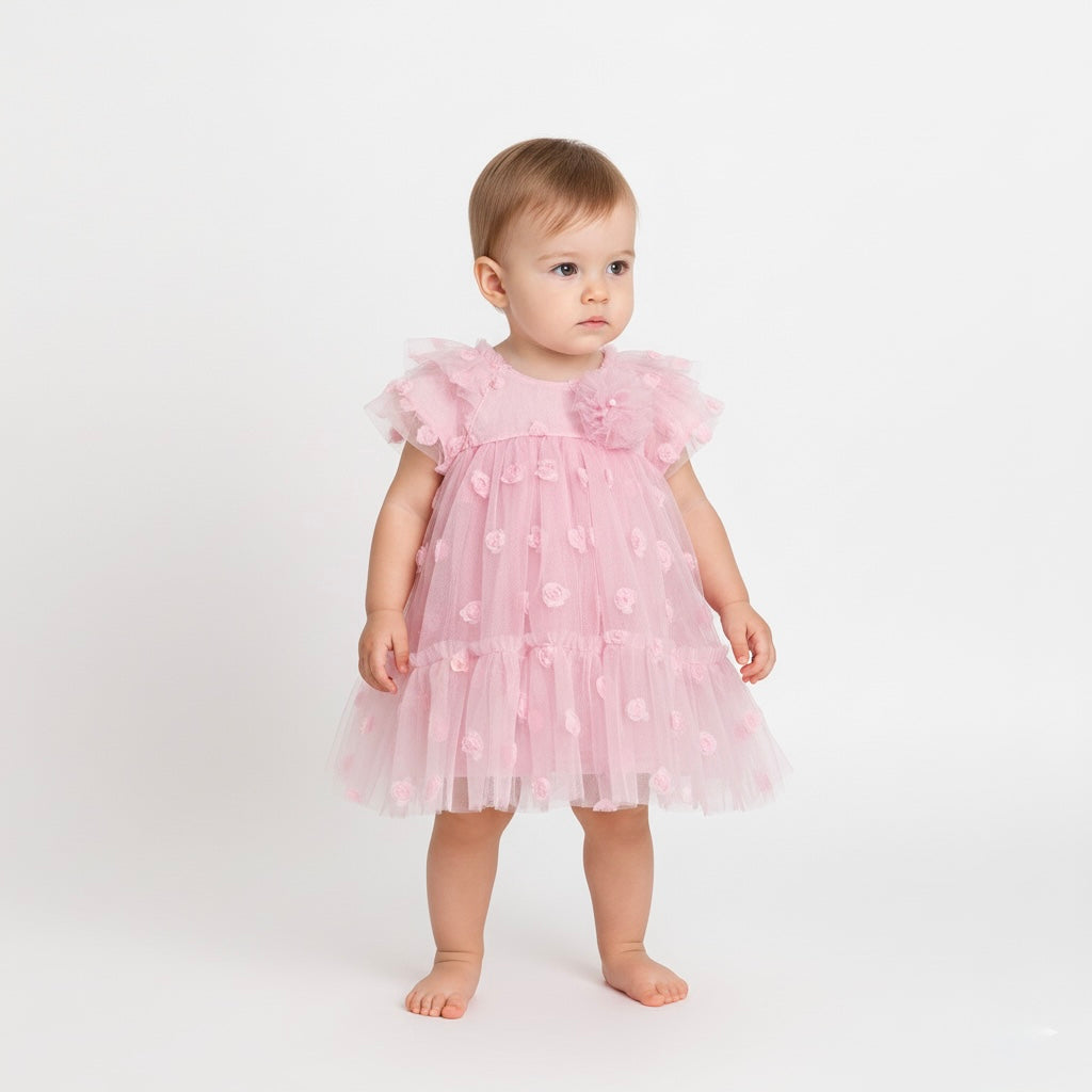 Pink tulle baby dress with 3D floral appliqués and flutter sleeves