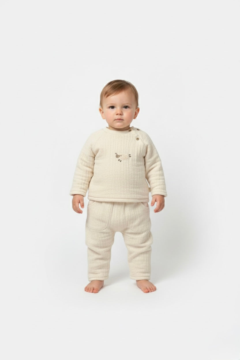 Cream muslin baby set with embroidered lamb top and pants