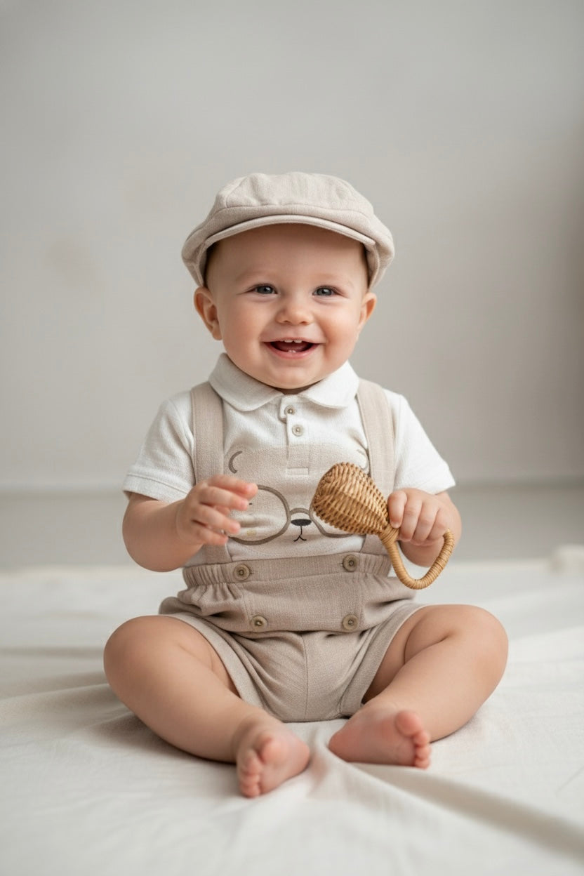 Neutral teddy baby outfit with suspender shorts and matching hat