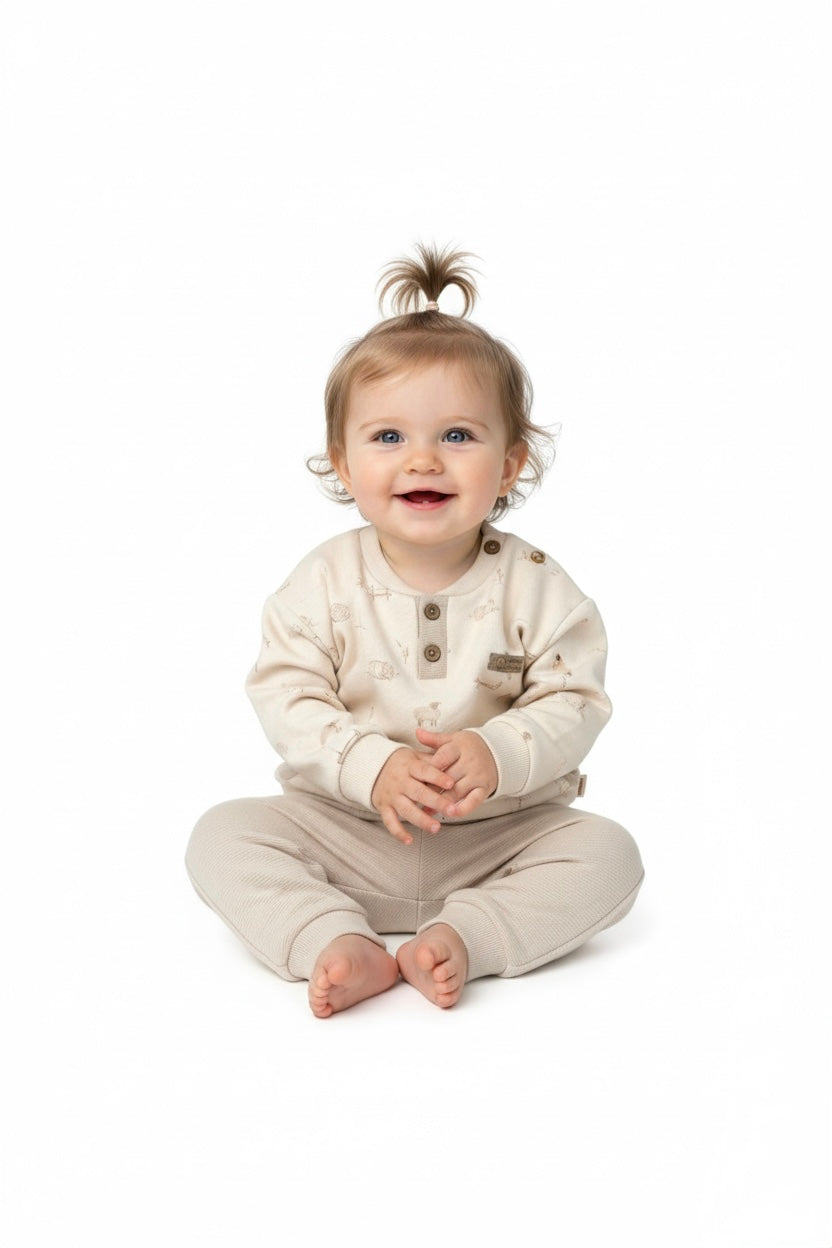 Beige farm print baby outfit two-piece set