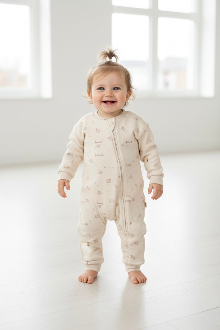Neutral lamb print baby zip-up romper front view