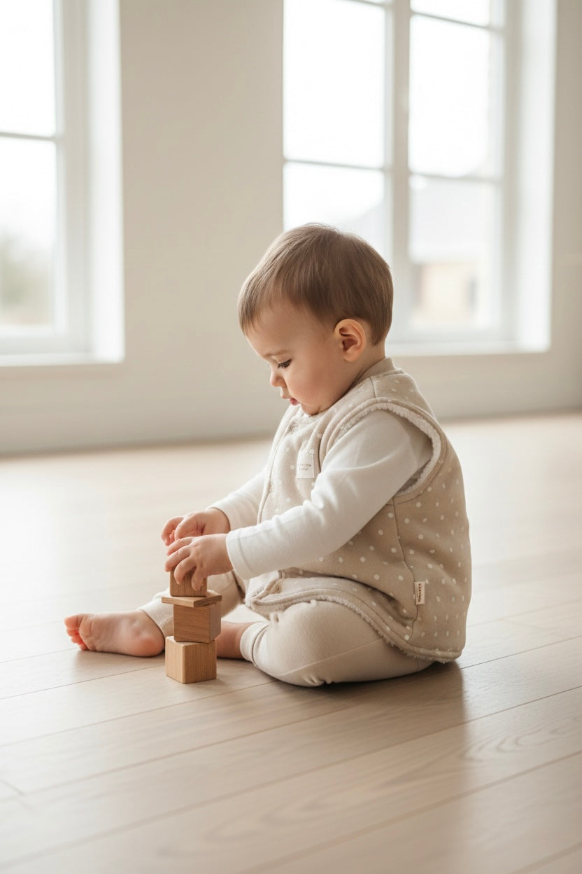 Soft sherpa-lined baby vest in neutral polka dot design