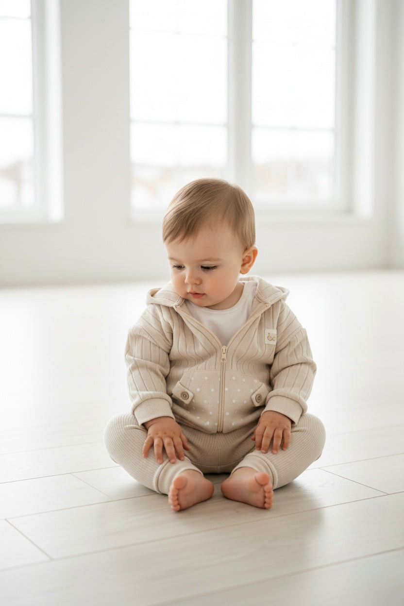 Neutral baby zip-up hoodie with ribbed texture