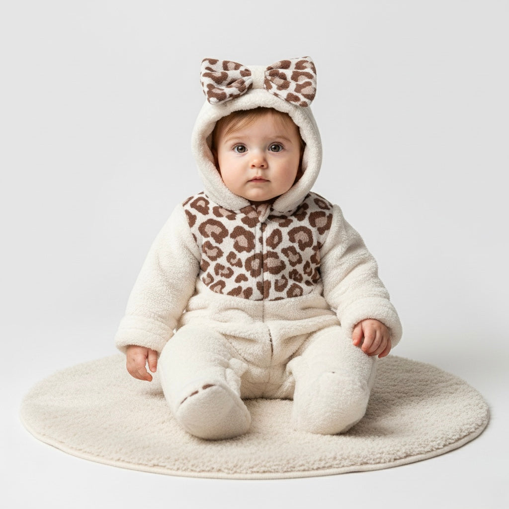 Cozy cream sherpa hooded romper for babies with leopard detail