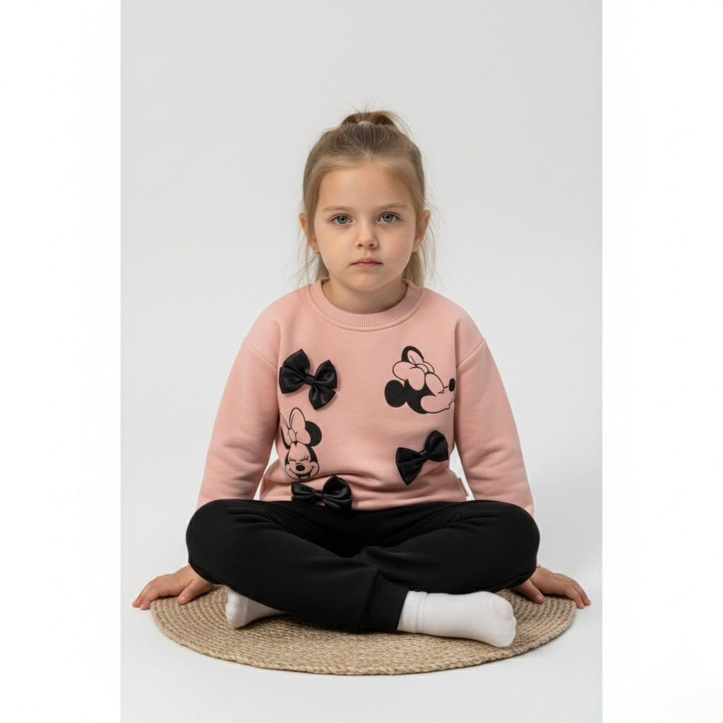 Two-piece toddler outfit with pink character sweatshirt and black pants