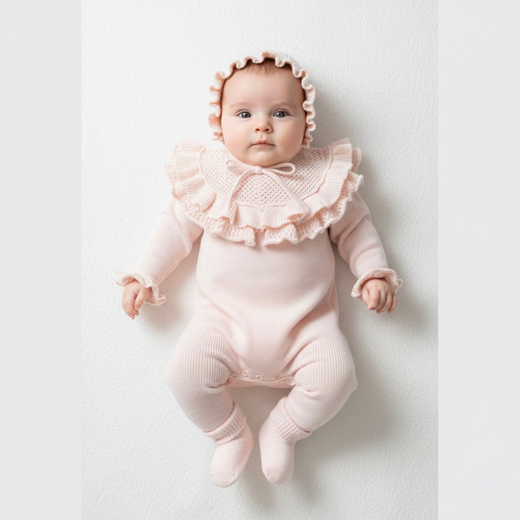 Three-piece blush knit baby outfit with crochet trim details