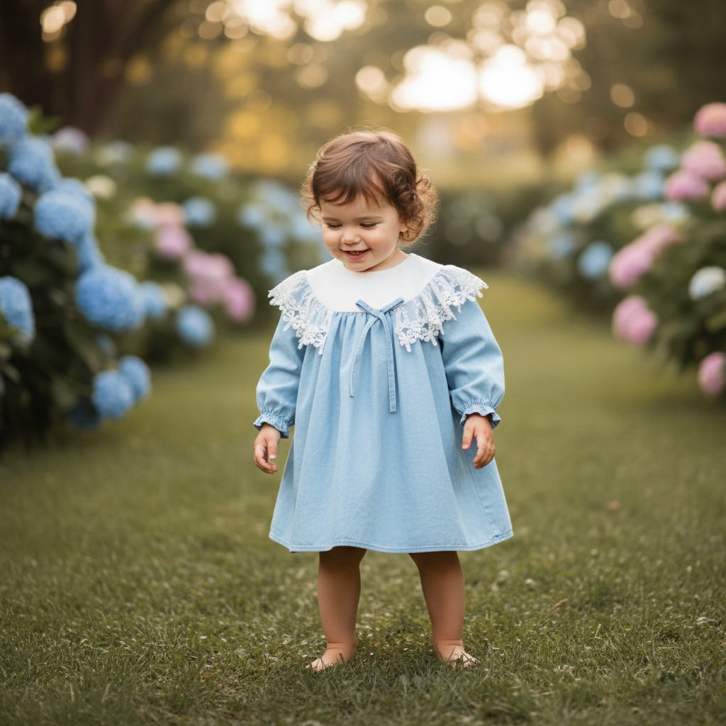 classic blue baby dress with white lace collar and gathered skirt