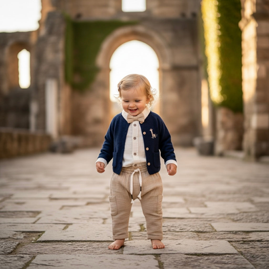 baby boy knit cardigan and pants set in neutral tones