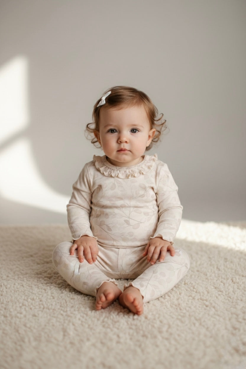 minimalist baby outfit with subtle floral pattern and ruffles