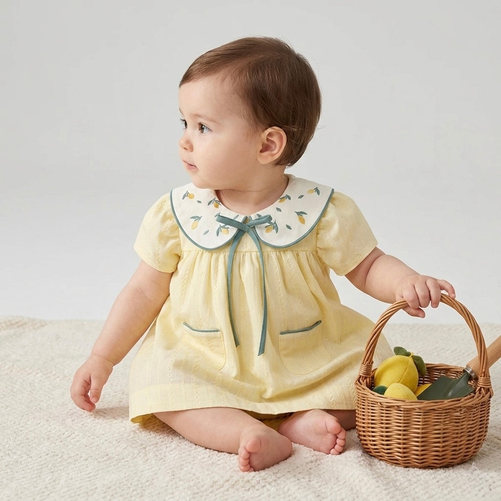 Yellow baby girl dress with embroidered lemon collar and bow
