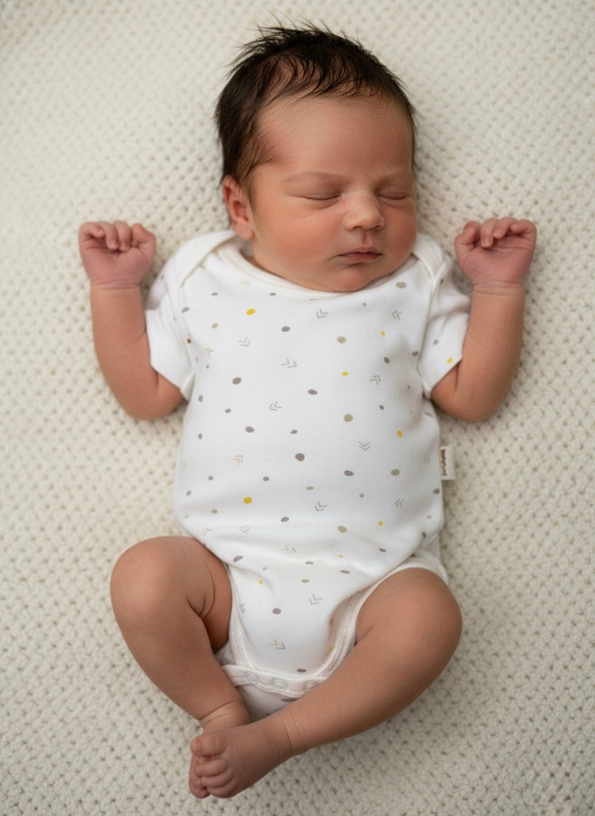 Cream organic cotton baby bodysuit on white background