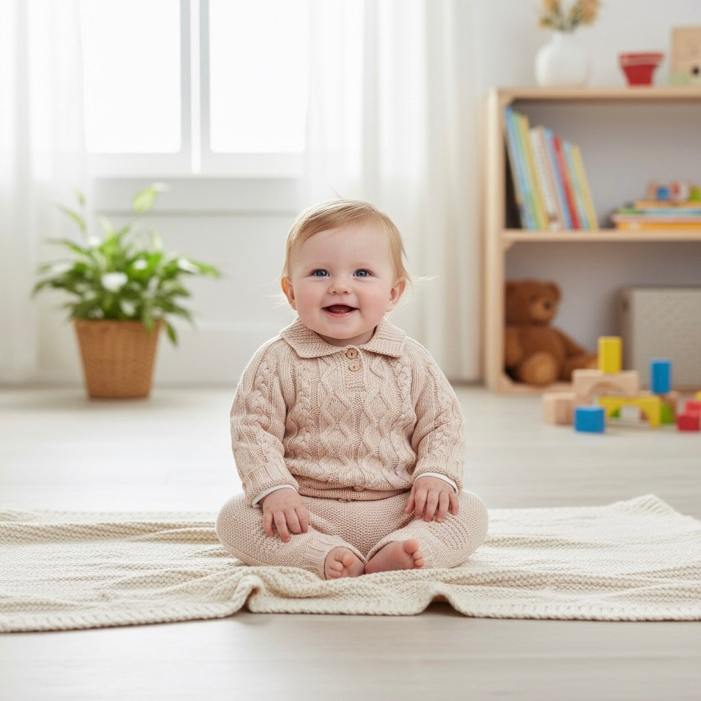 William 3 Piece Beige Cable Knit Set