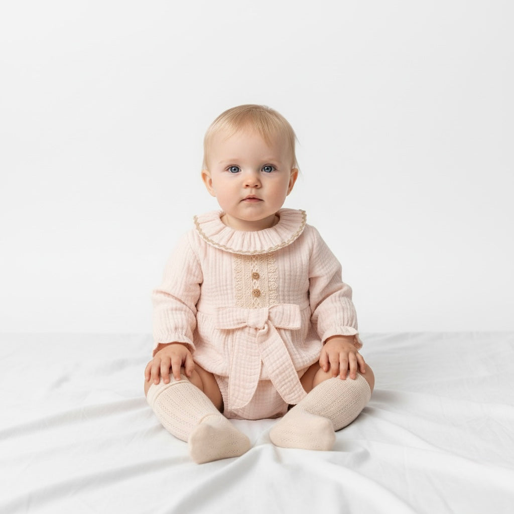 Blush pink muslin baby romper with ruffled collar, bow, and matching socks.