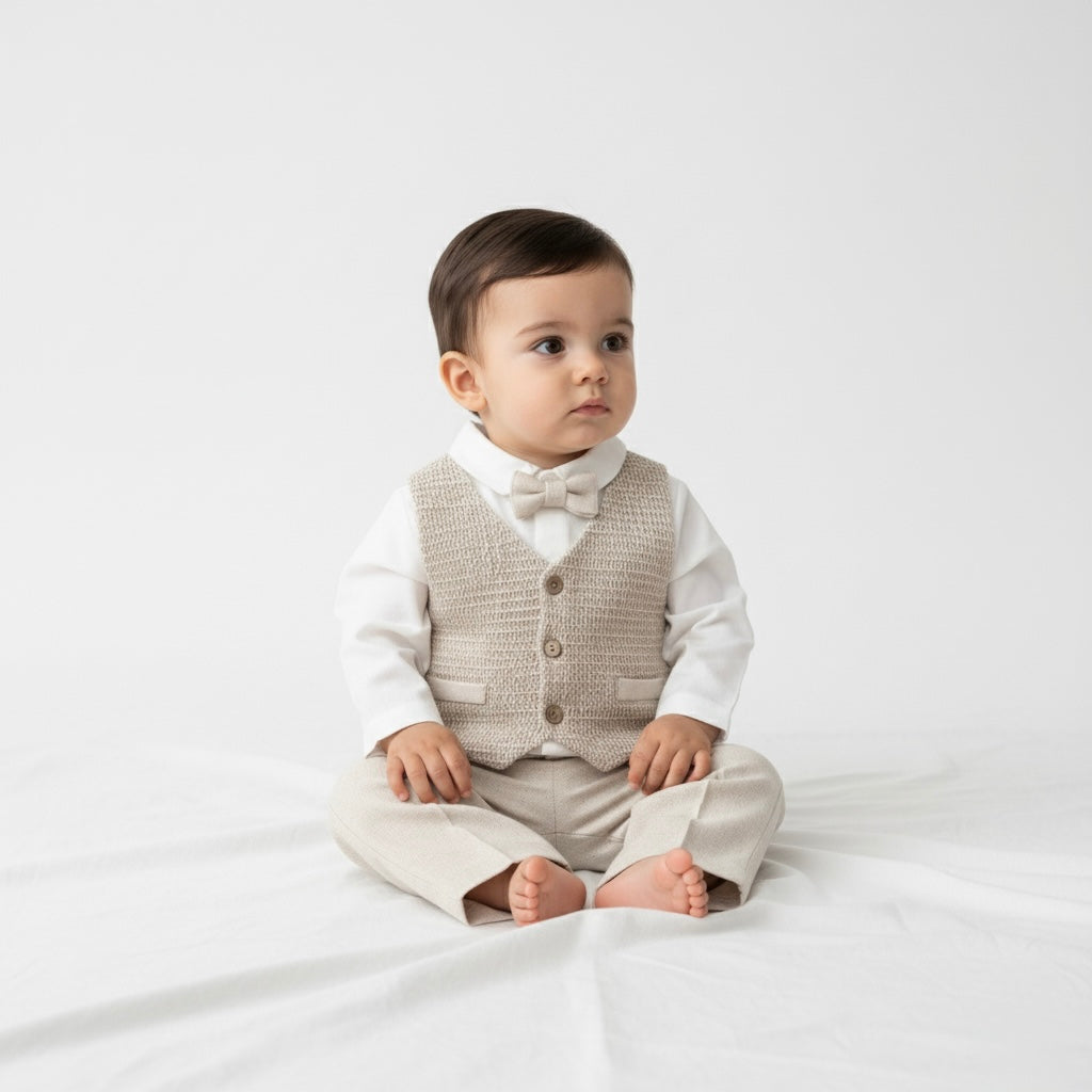 Linen baby boy outfit with beige vest, bow tie, and tailored pants