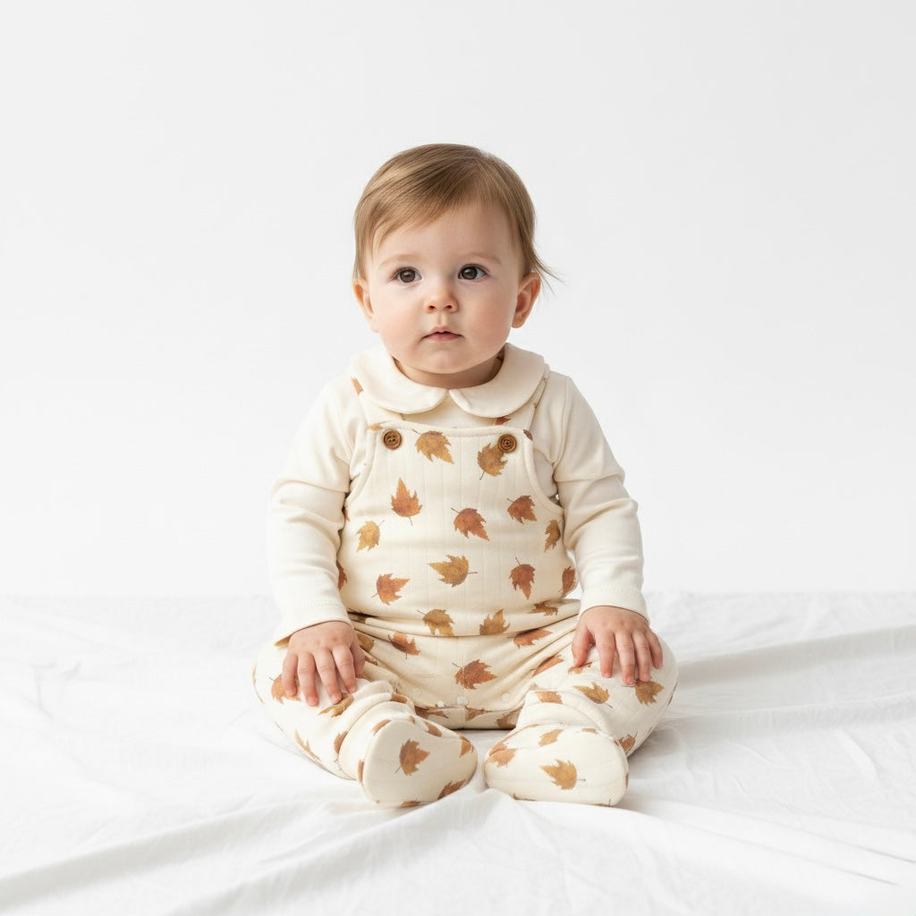 Baby romper set with beige overalls and brown autumn leaf print.