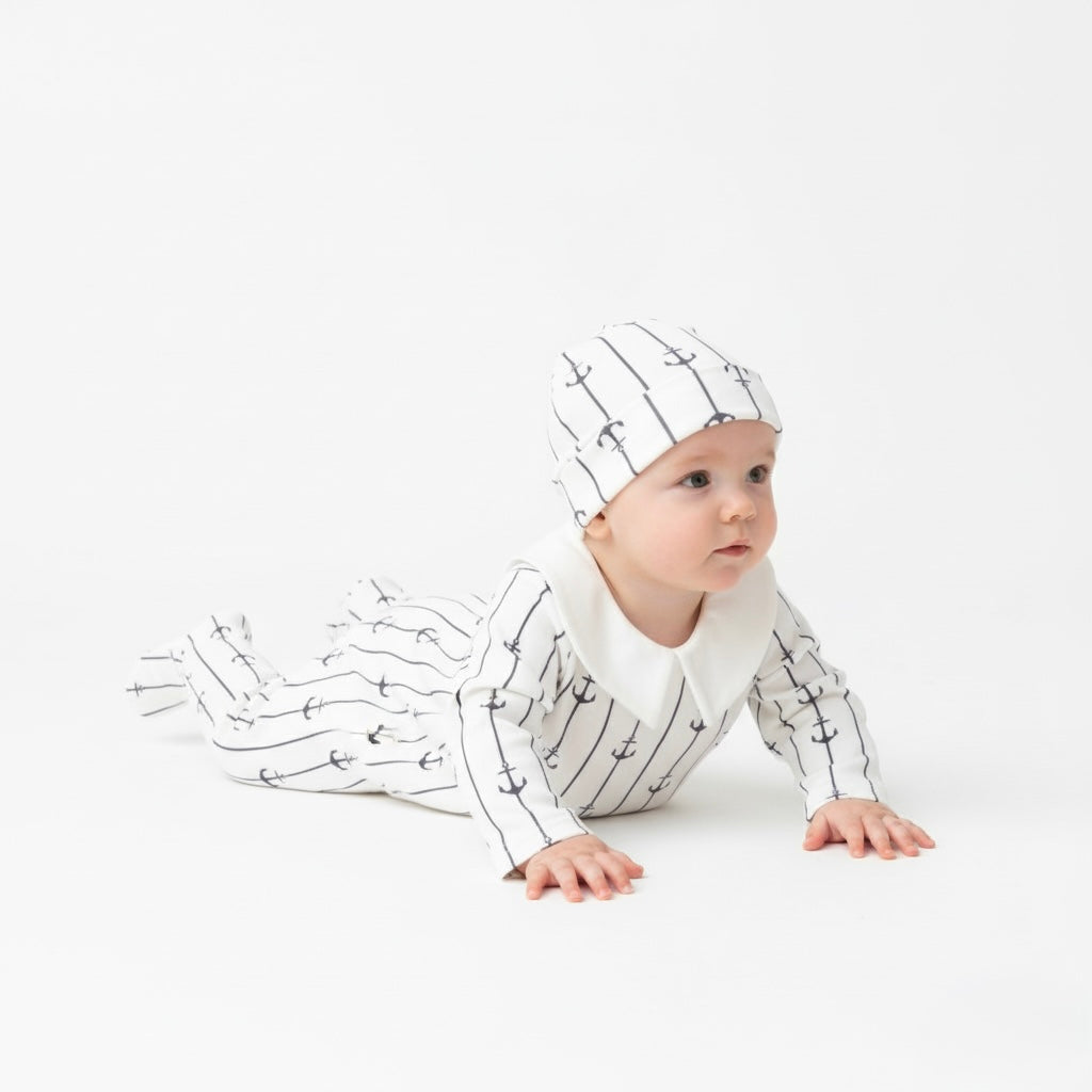 Organic cotton nautical romper set with Peter Pan collar.