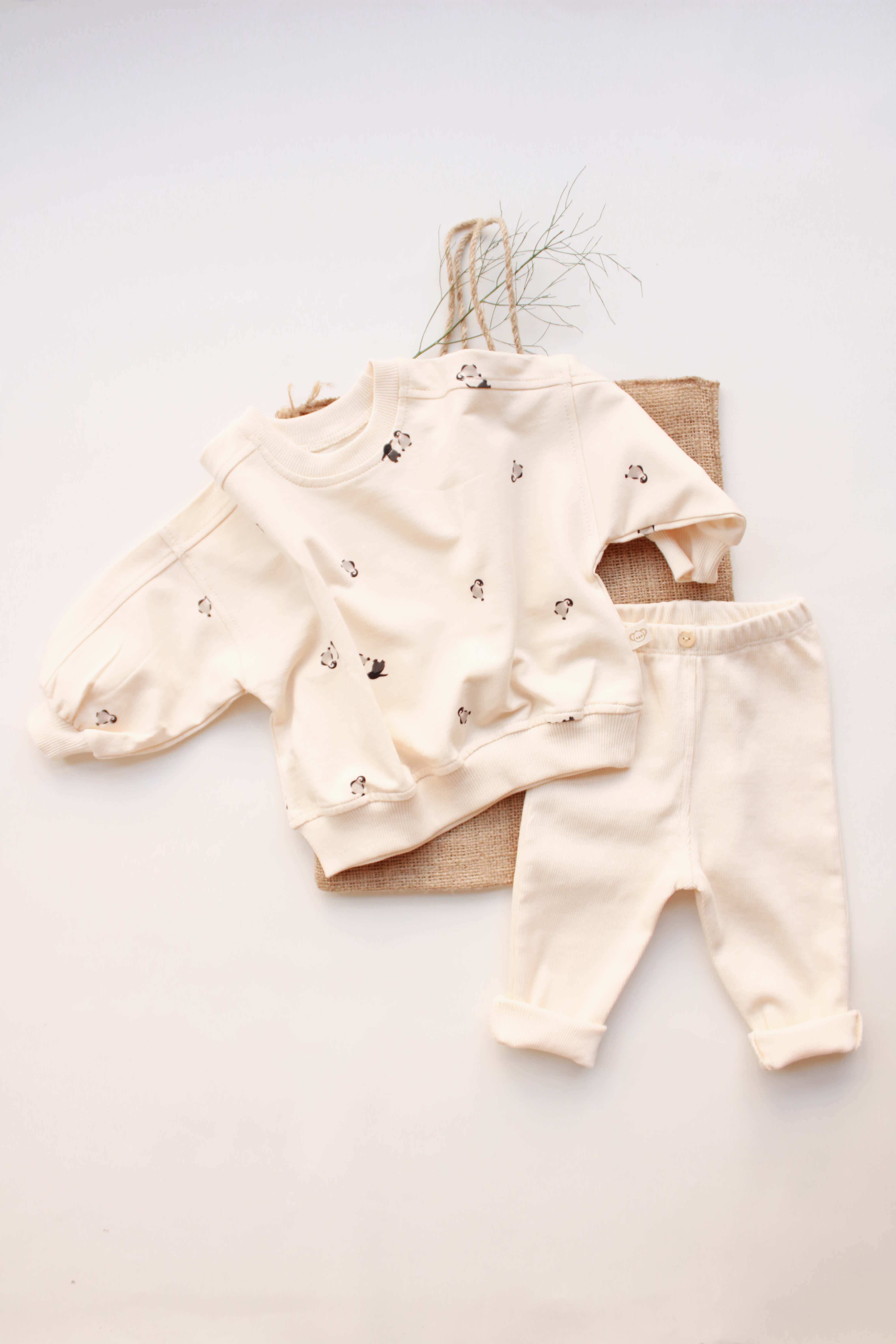 Unisex penguin design 2 piece baby set, comfortable cotton clothing for infants and toddlers.