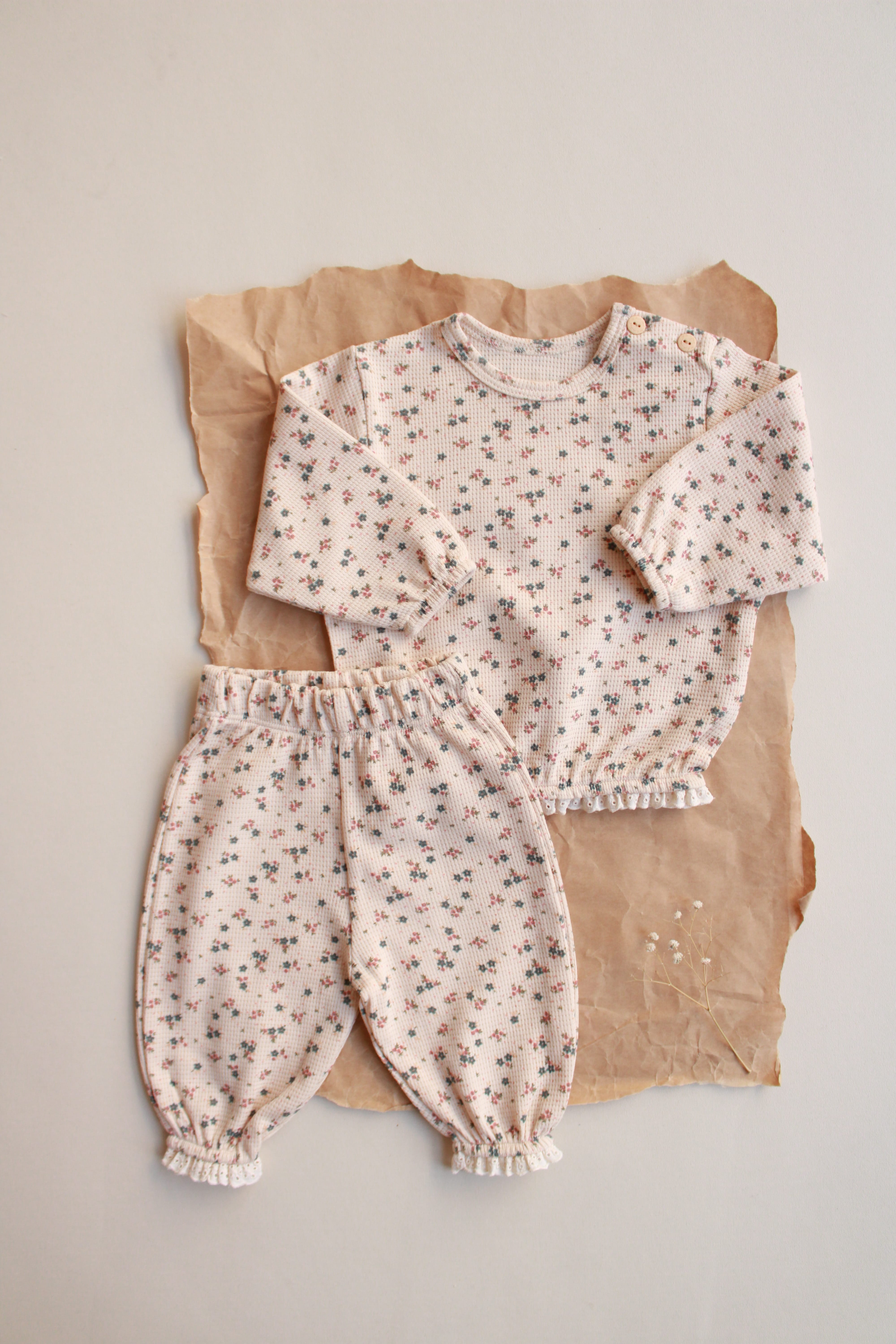 Two-piece waffle knit set in meadow shade, durable baby outfit for playtime