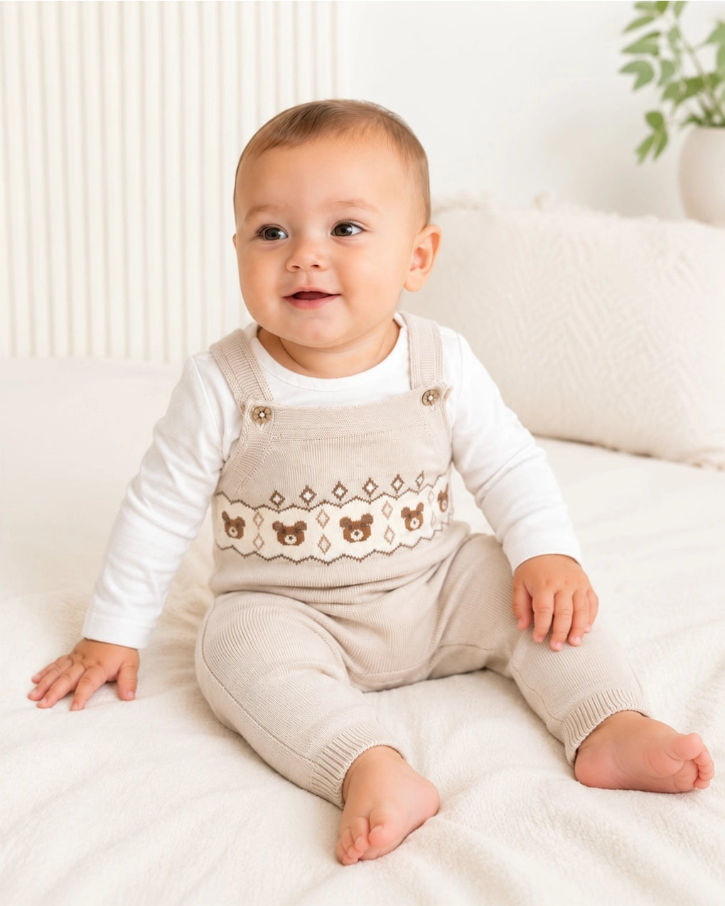 Beige knit baby overalls with brown teddy bear pattern