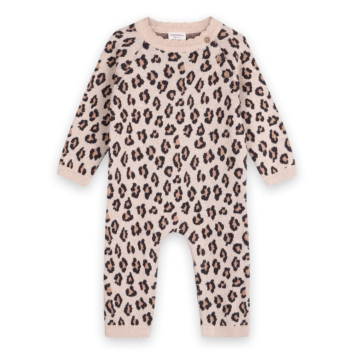 Organic cotton leopard print knit baby jumpsuit in beige with black and brown spots