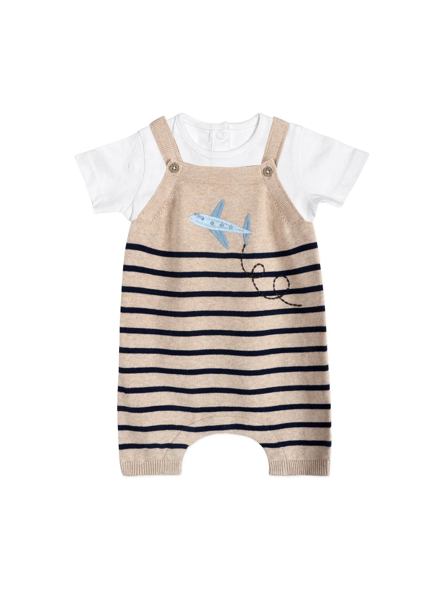 Organic cotton baby airplane knit romper and white bodysuit set with navy stripes for baby boys.